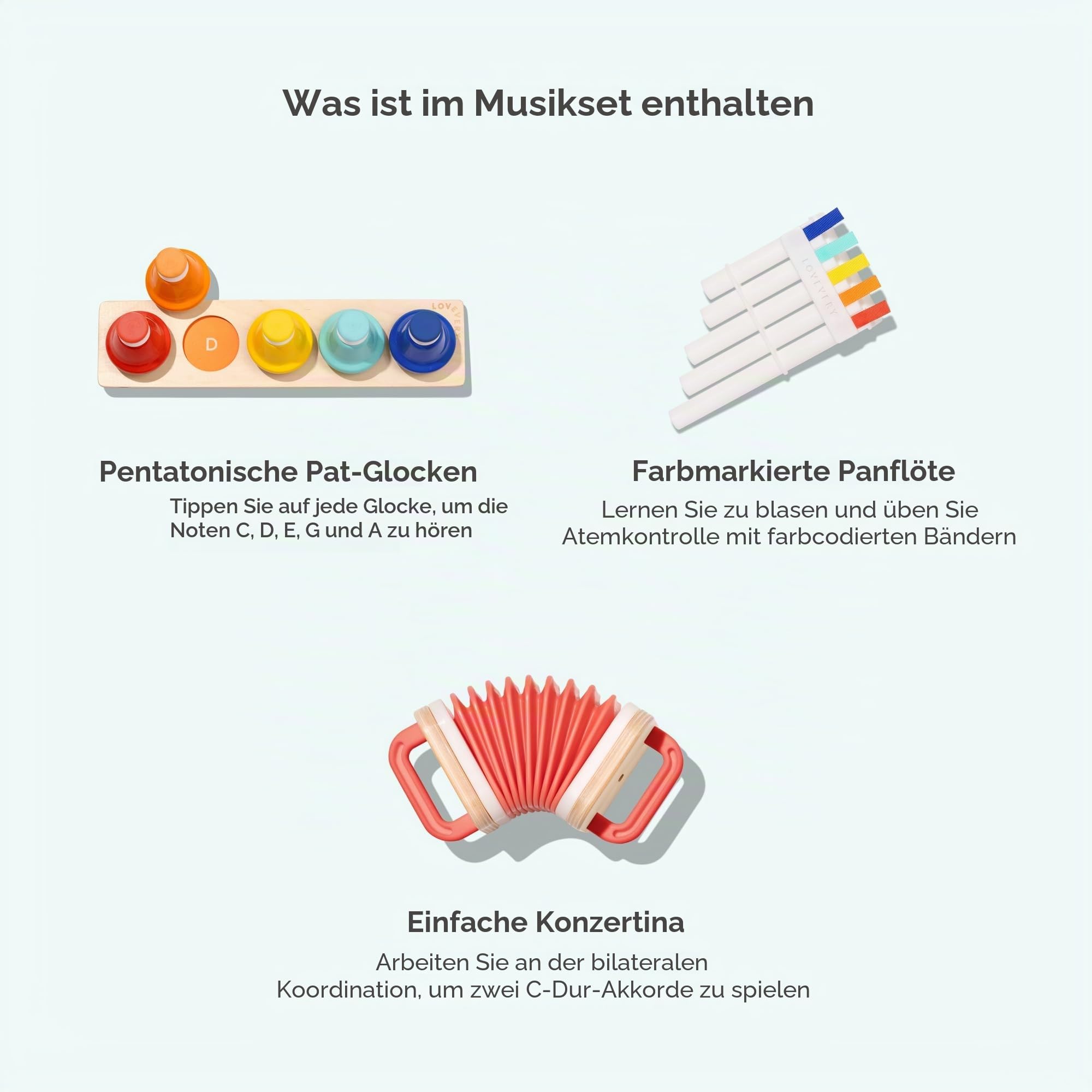 Lovevery The Music Set, Mehrfarbig/Meereswellen (Ocean Tides), Medium, 6 Musikinstrumente, Buch mit Rhythmen und Liedern