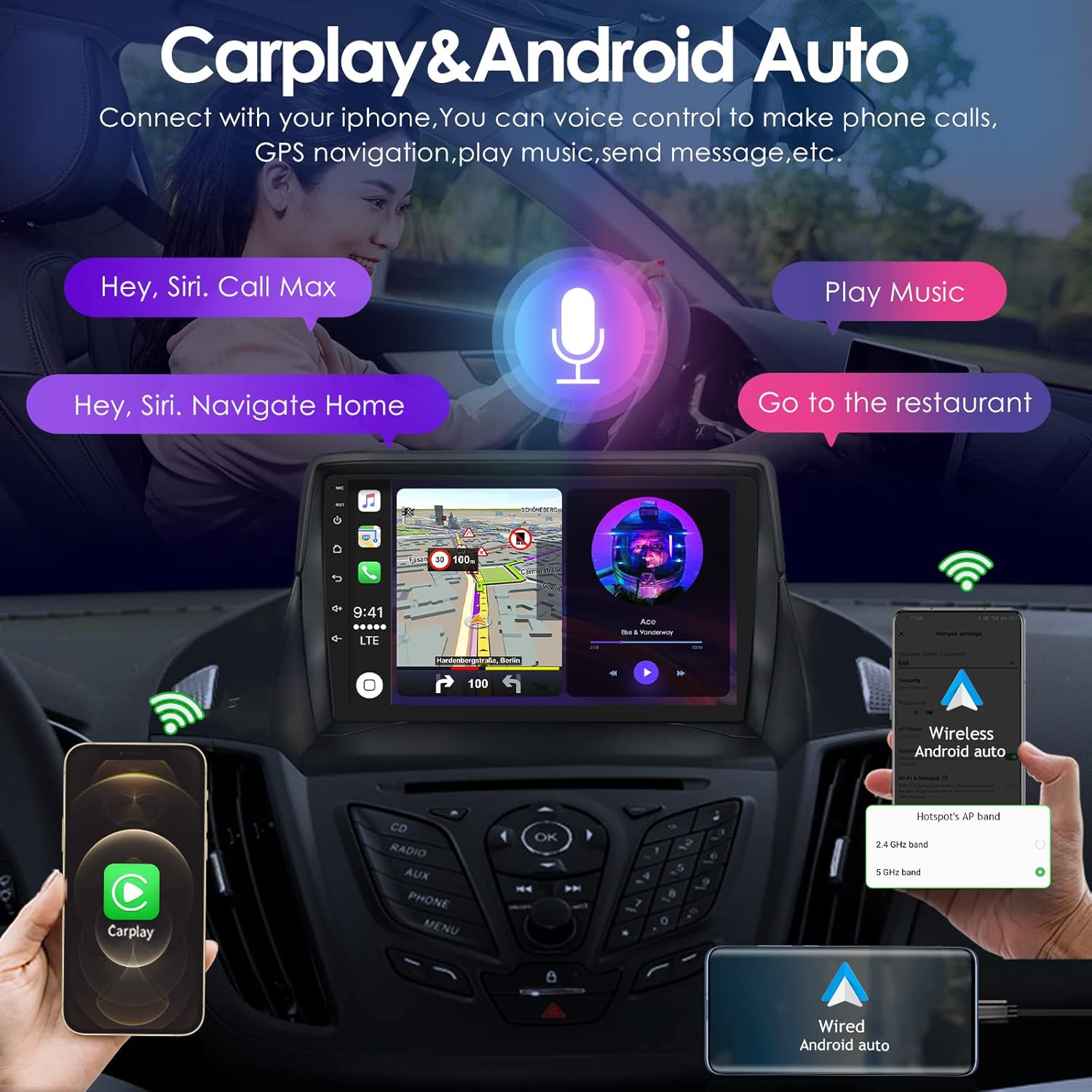 Screenshot of the car stereo display showing Apple CarPlay and Android Auto interfaces, with phones connected wirelessly and via USB.