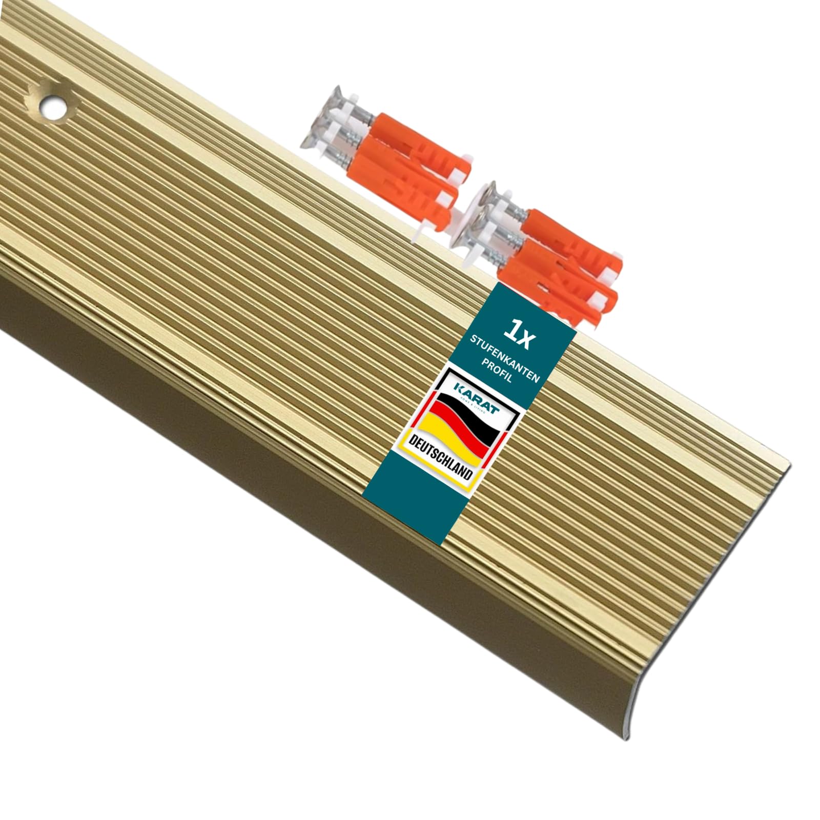 Karat Gold Stair Nosing Profile, L-Shape, Perforated, Anodised Step Edge Profile For Parquet And Laminate, 1 Piece, 90 Cm Length, 3 X 3.5 Cm, Integral