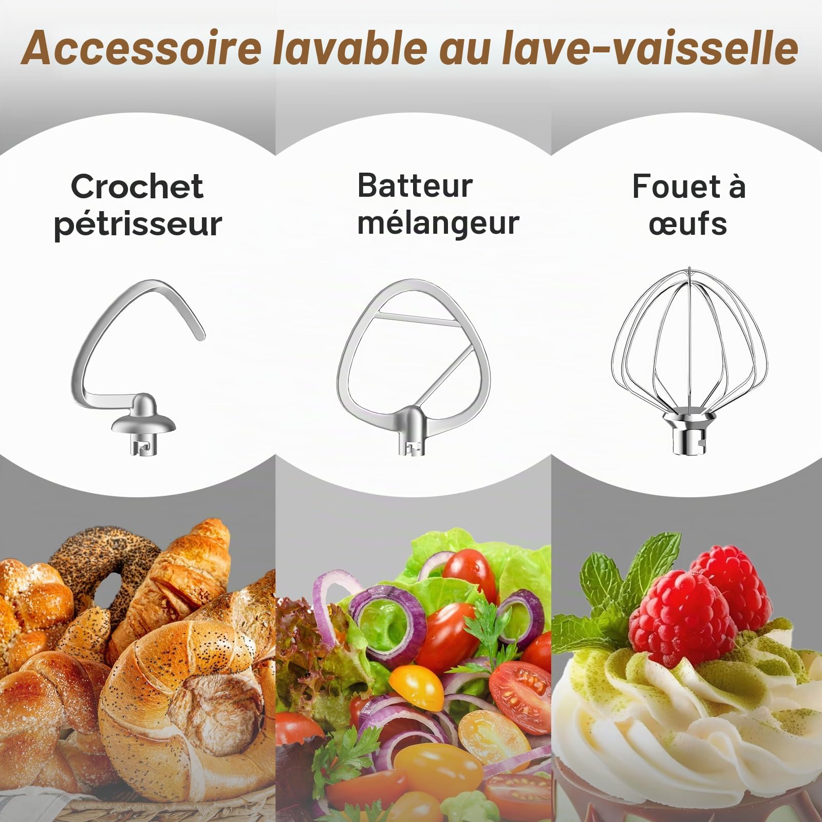 Facelle Robot Pâtissier 1500W, Bol en Inox 5.5L, 10 Vitesses + Pulse, Mouvement Planétaire, Robot Patissier avec Fouet, Crochet et Batteur – Accessoires Lavables au Lave-Vaisselle