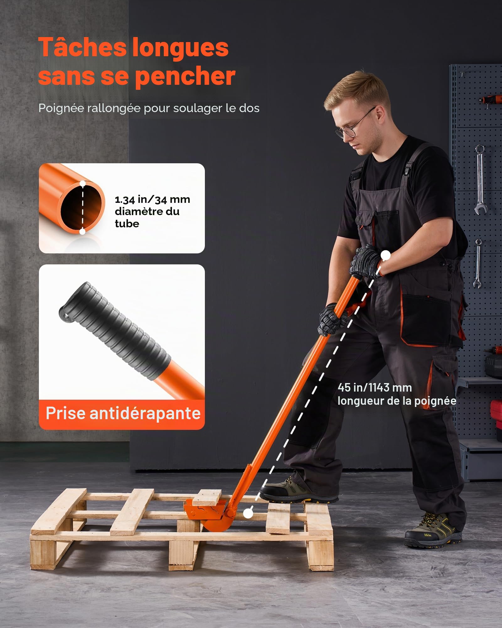 VEVOR Démonte Palette 907,18 kg Outil Démonte Palettes 114 cm Barre de Démontage pour Retrait Planches de Terrasse, Planchers, Charpentes, Toitures, Moulures, Cloisons Sèches, avec Tête Rabattable