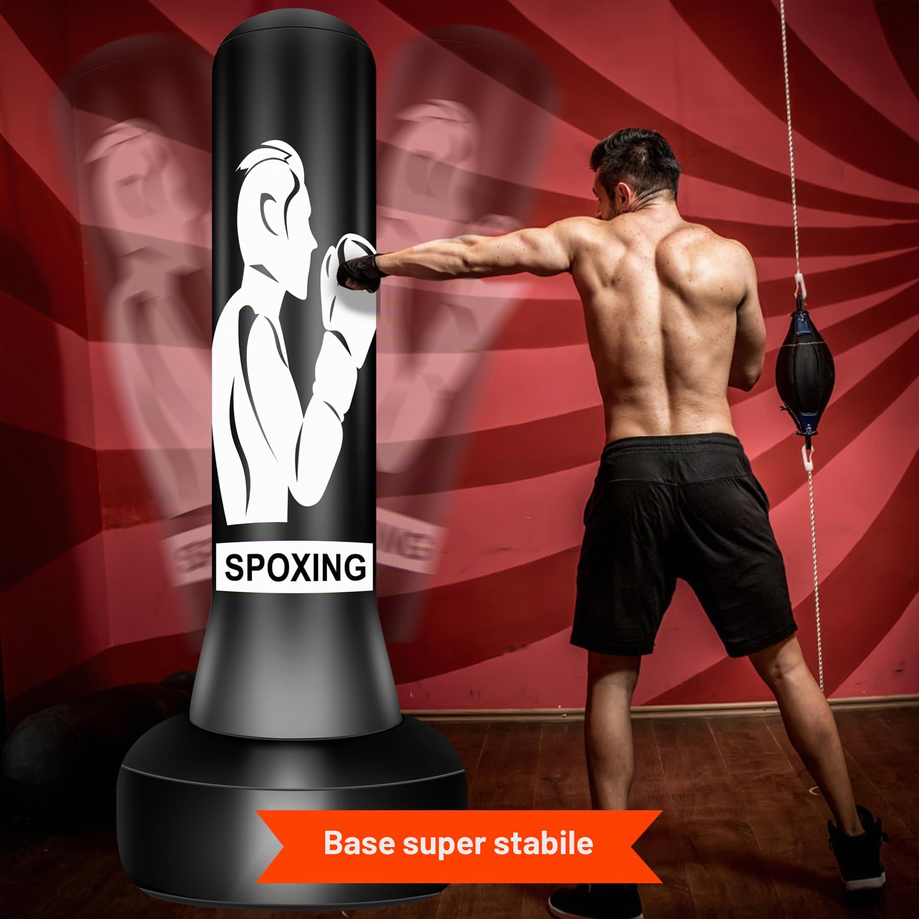 Sacco da boxe con supporto, 180 cm, autoportante, robusta attrezzatura da boxe per adulti, su misura per allenamento MMA, Muay Thai e fitness, ideale per kickboxing gonfiabile, in confezione regalo