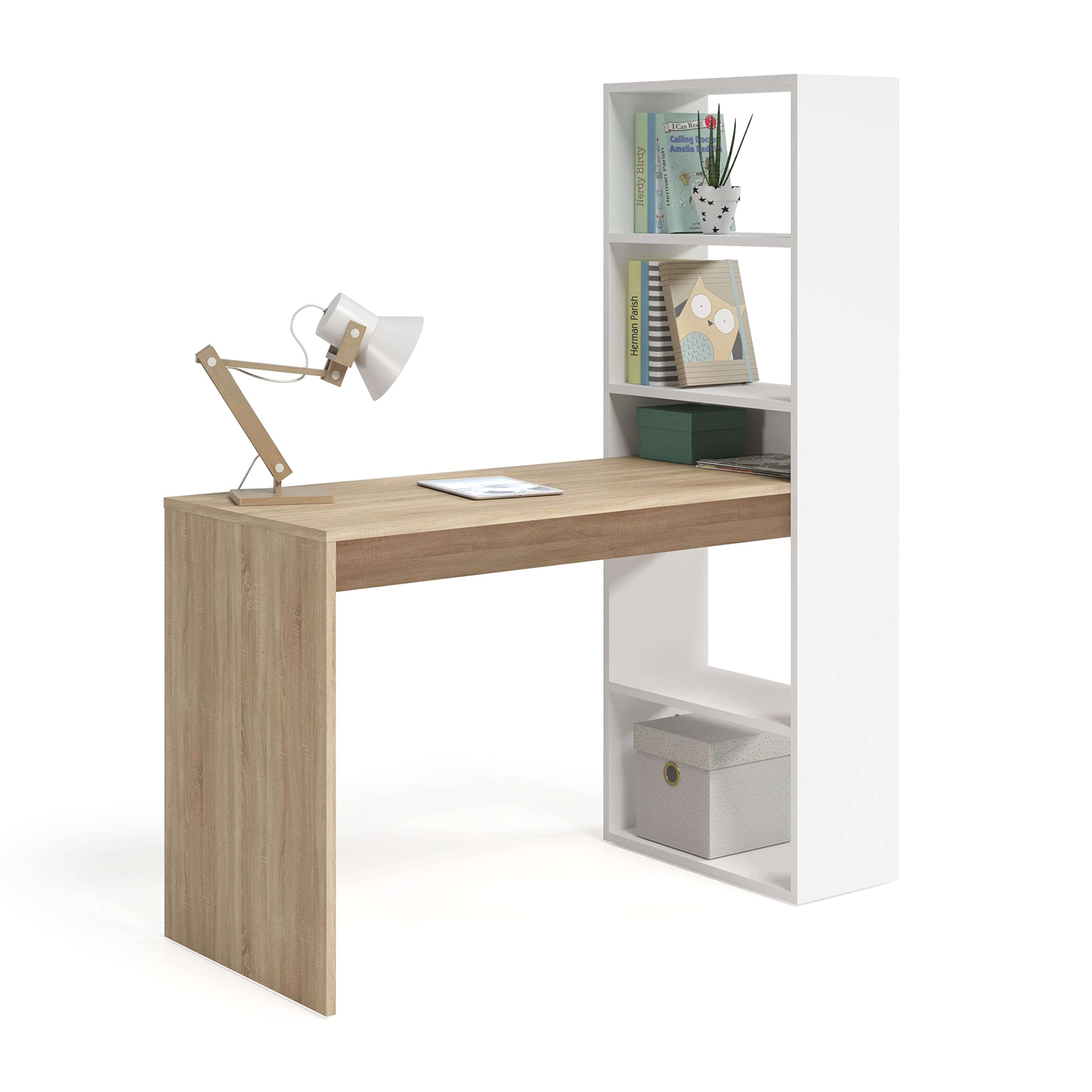 Miroytengo Pack Muebles Dormitorio Juveniles Color Blanco Artik y Roble Canadian (Cabezal+mesita, Mesa+estantería y Armario)