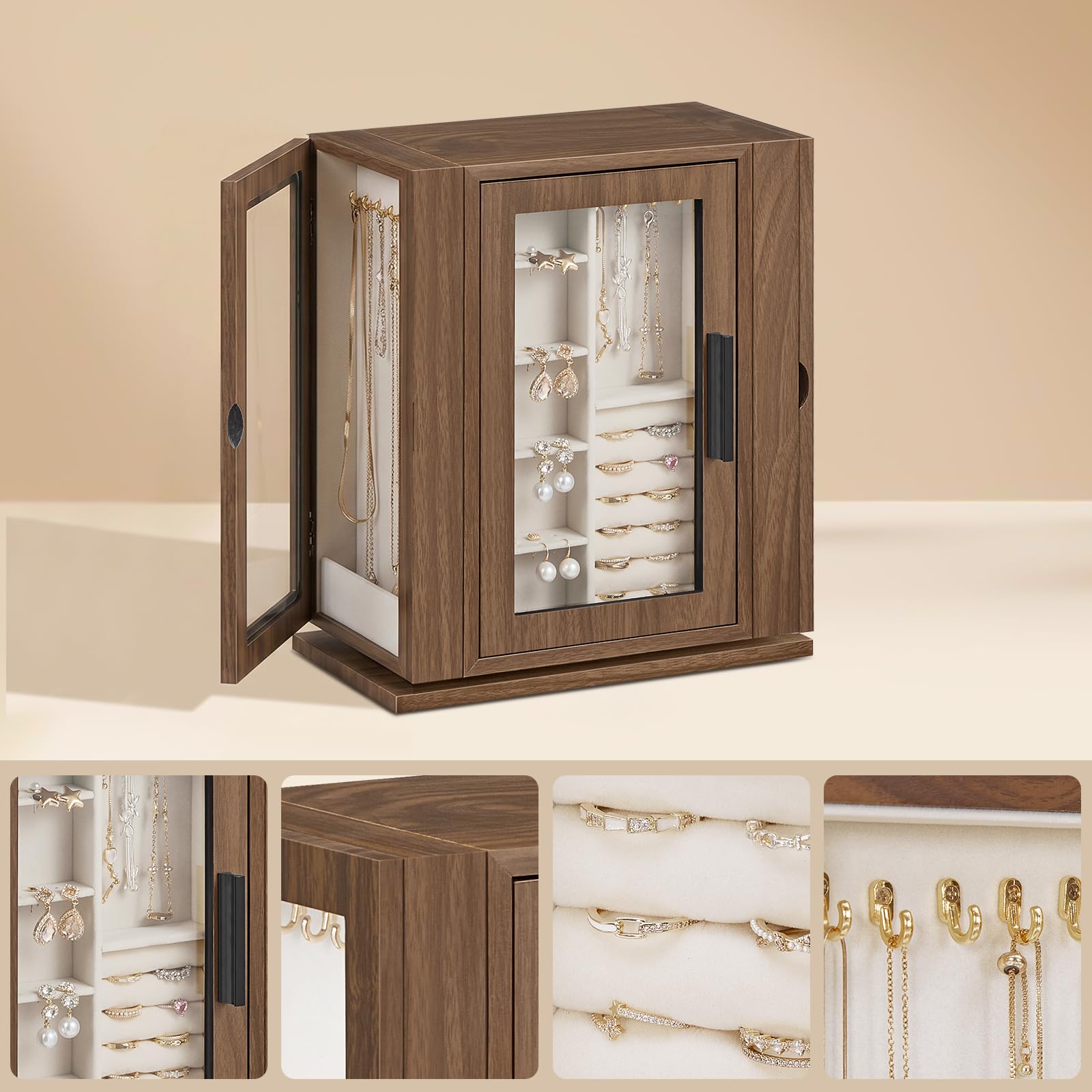 HOOBRO Caja Joyero, Organizador de Joyas Giratorio de 360°, Caja para Joyas con 5 Cajones, con Puerta de Acrílico, Expositor de Joyas con Forro de Terciopelo, para Collares, Anillos, Nogal EBH30JB04