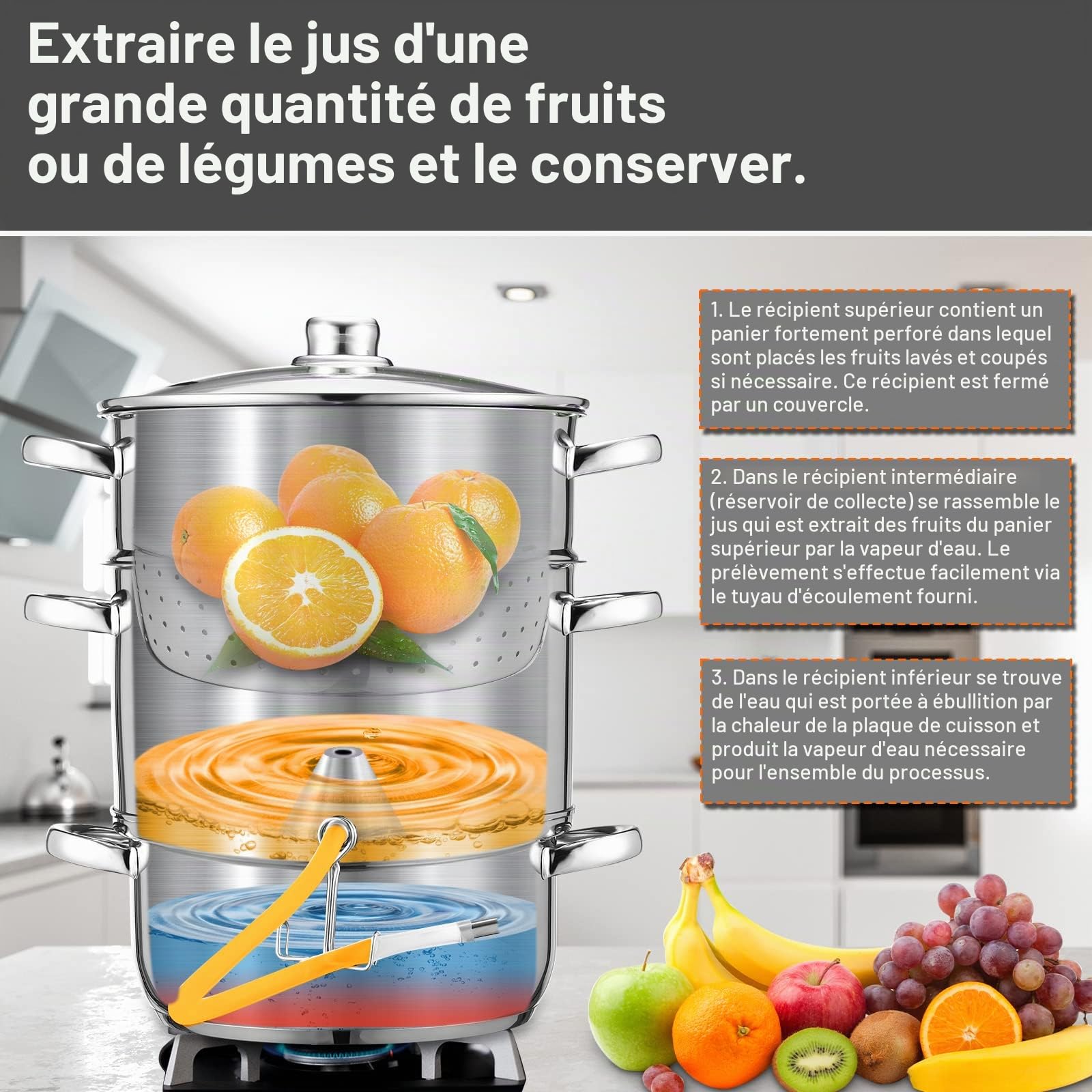Herrselsam Extracteur de jus à vapeur, 16L Acier inoxydable Presse-fruit avec 4 bouteilles pour fruits et légumes, Convient à tous les types de cuisinières Ø 26cm