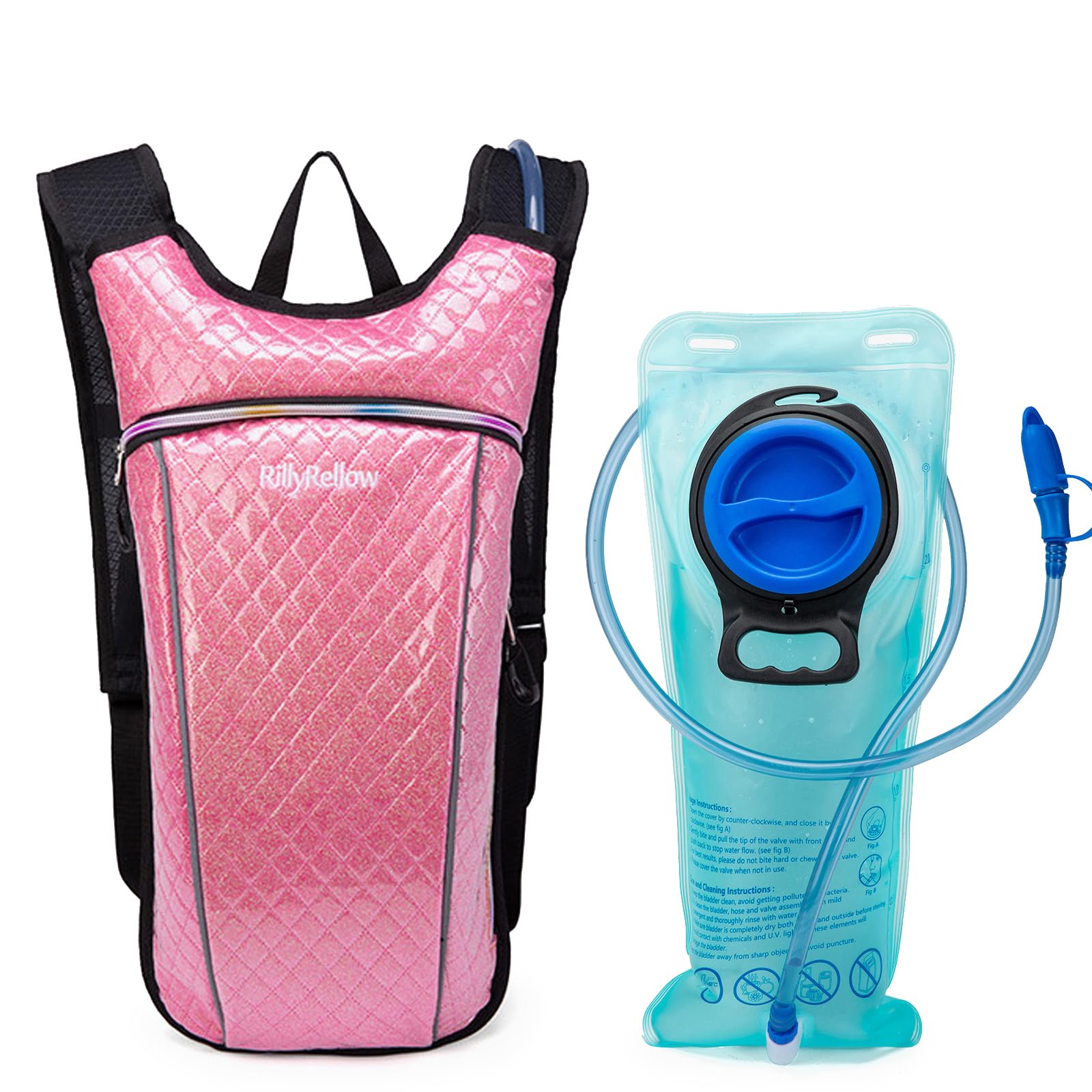 Hydration Backpack with 2L Water Bladder, Lightweight Insulation Water Backpack, for Raves Festivals Concert, Hiking, Biking, Climbing, Running and More (Rhombus - Pink, 2L Water Bladder)