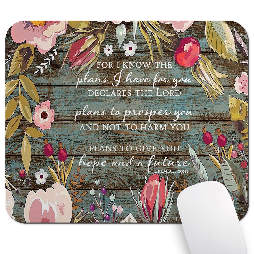 Rectangle Mouse Pad Christian Bible Verses Scripture Jeremiah 29-11 Quotes, Vintage Flowers Rustic Old Colored Floral Wood Art Mouse Pads, for i Know The Plans i Have for You Mouse Pads