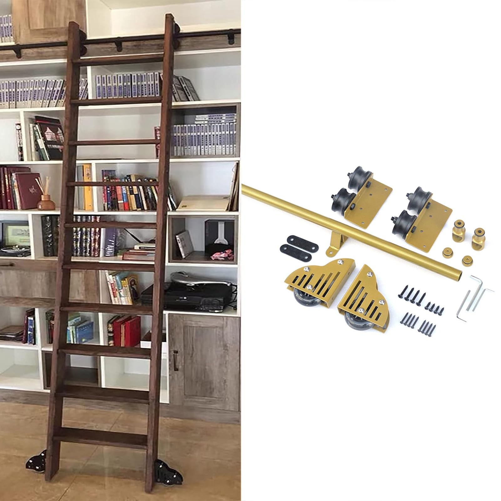 DONGGANSHI Rolling Library Ladder Hardware Kit(No Ladders),Sliding Ladder Full Set Track Kit Round Tube Track/Rail for Home/Indoor/Loft,Floor Roller with Brake,Golden Surface(4ft/122cm Track Kit)
