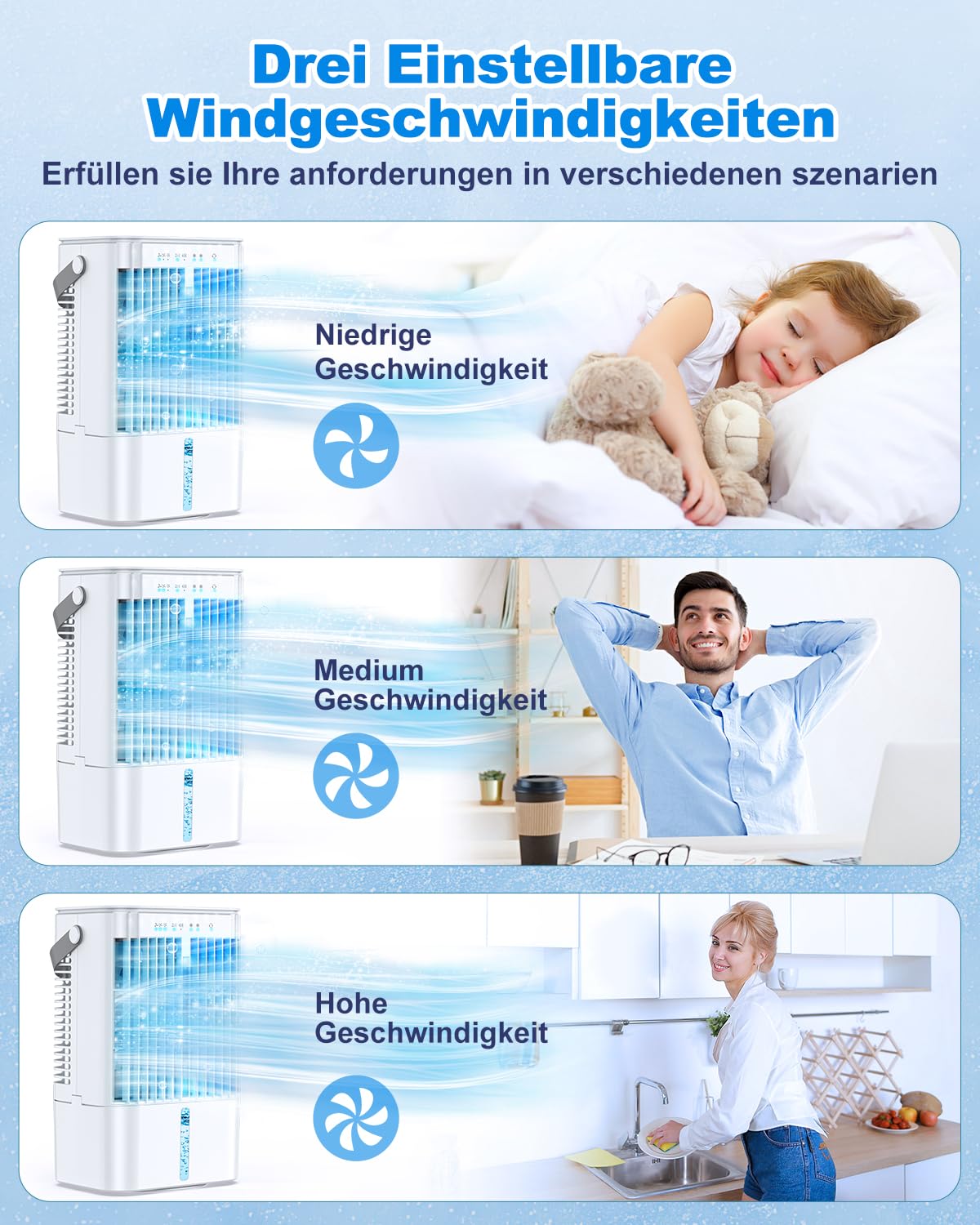 RenFox Mobiler Klimaanlage 4 in 1 Energiesparender Mini Luftkühler mit großem wassertank (1200 ml), 3 Stufen Verdunstungskühlung, 7 Farb LED, Timer und geräuscharm für Home Office und Schlafzimmer