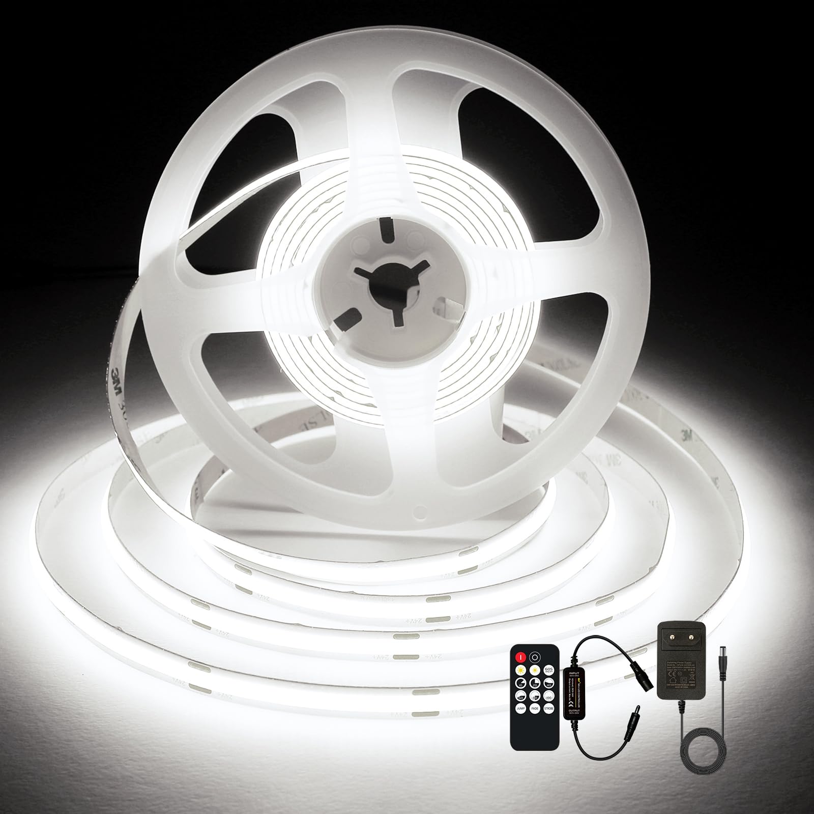 COB LED Strip Lights 3M,6000K Daylight White Dotless Dimmable LED Strip, 480LEDs/M,Super Bright DC24V LED Light Strip,CRI 90+ with RF Remote and UKCA Power Supply for DIY Home Decoration