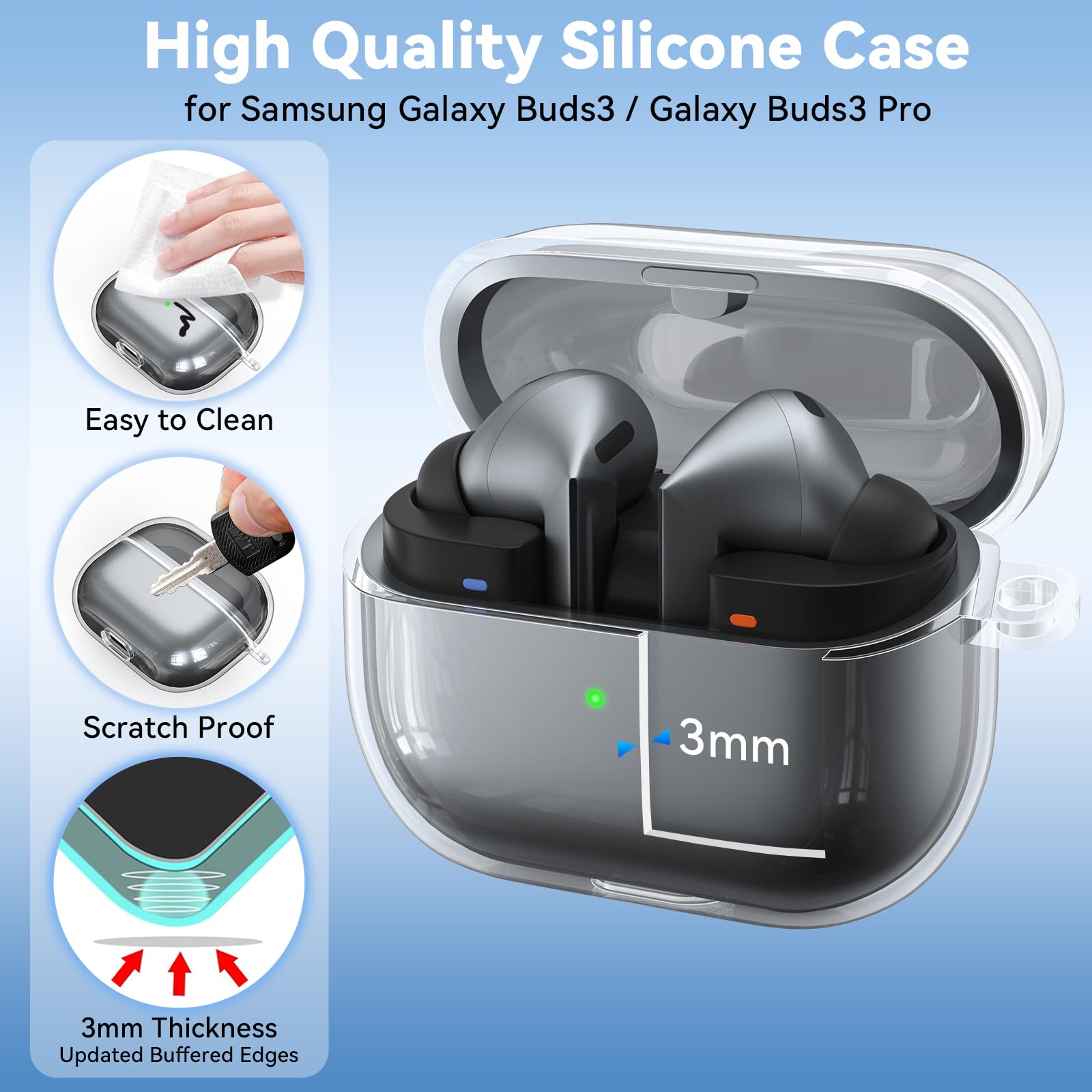 YLK Coque Samsung Galaxy Buds 3 Pro/Buds 3 Étui Antichoc TPU Souple Recharge USB-C Sans Fil Transparent