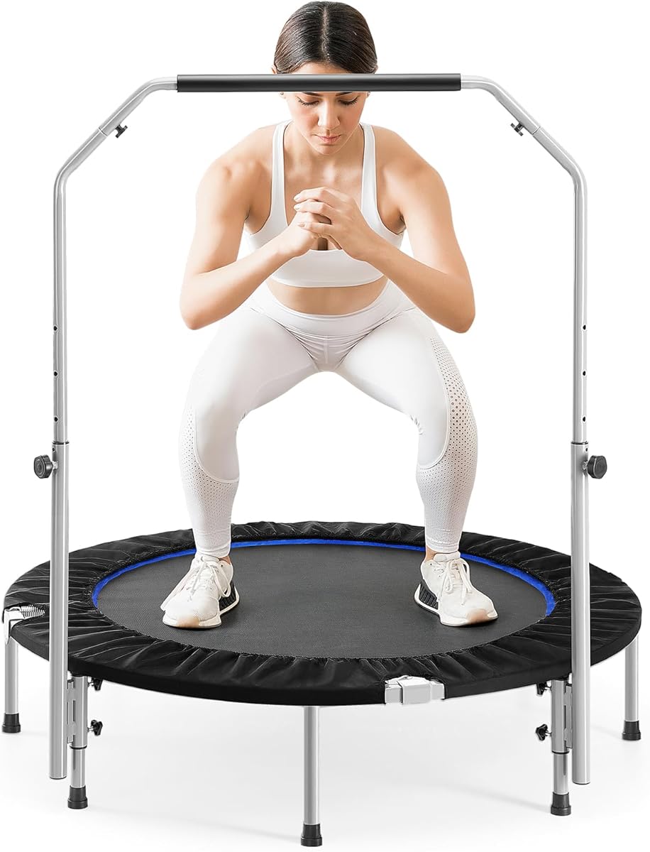 Sweetcrispy 40" in/48 in Mini Fitness Trampoline - 330LBS Foldable Exercise Rebounder with Adjustable Handle, Stable and Quiet, for Adults Indoor/Outdoor Workout