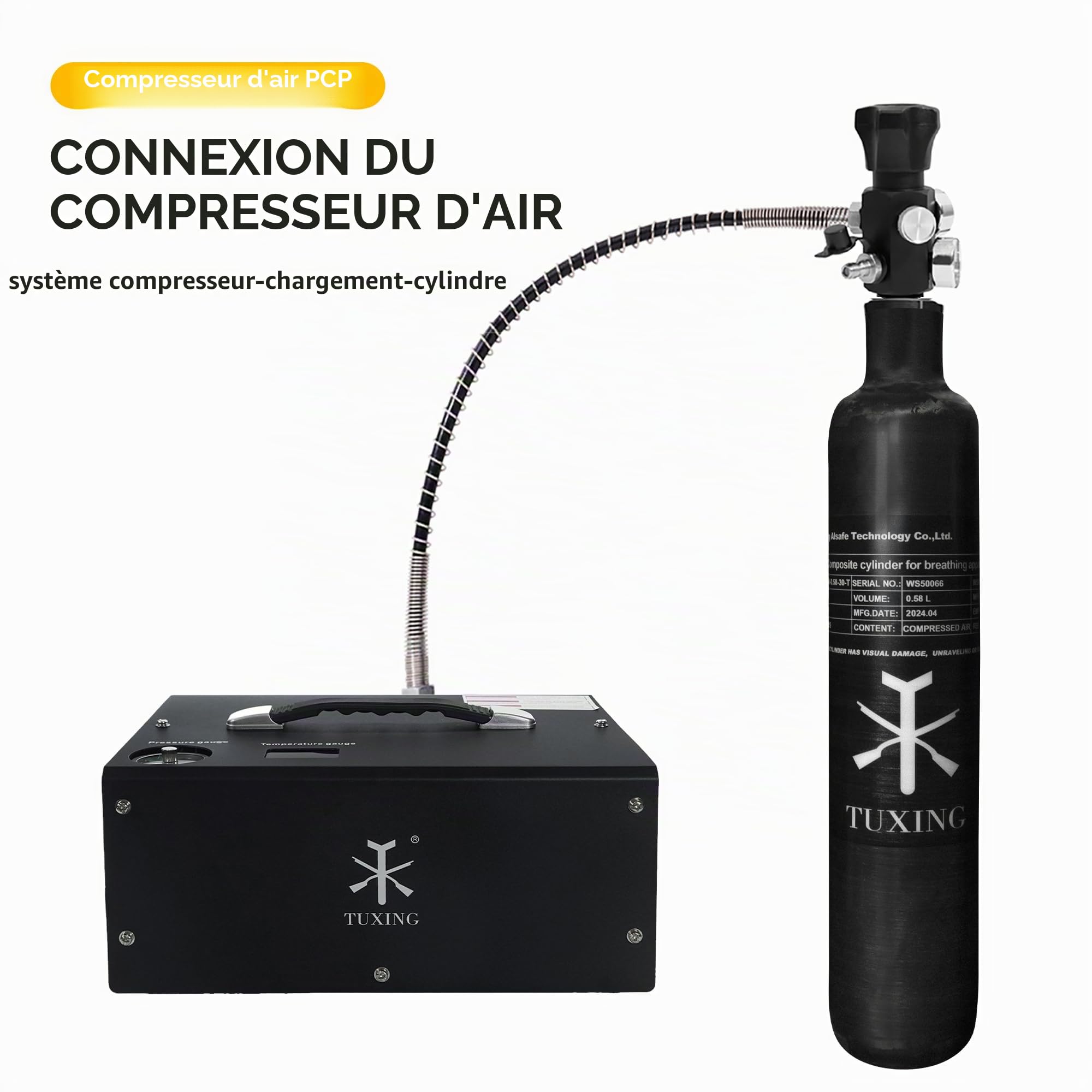 TUXING 30Mpa 4500Psi 0.58L 580cc Cylindre de gaz en Fiber de Carbone Paintball HPA réservoir Chasse pour PCP Fusil à Air comprimé Cylindre Filetage M18 * 1.5
