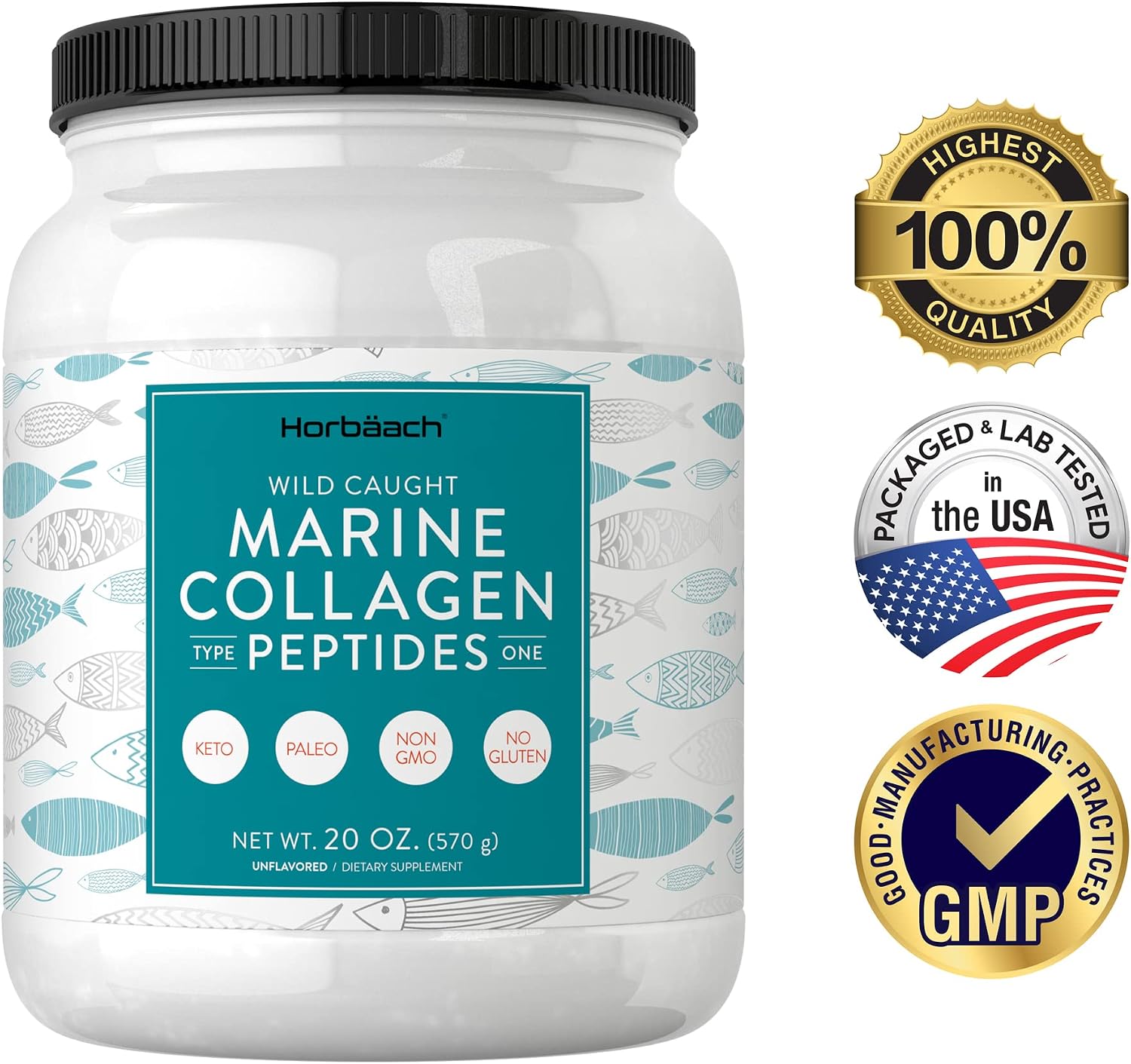 Marine Collagen Powder 20 Oz | Hydrolyzed Collagen Peptides | Unflavored | Keto, Paleo, Non-GMO, Gluten Free Supplement | by Horbaach