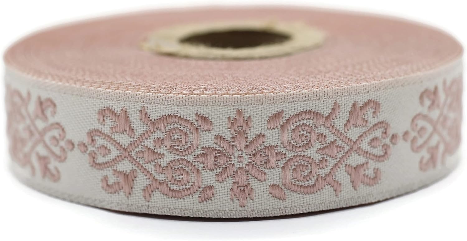 10.9 Yards Spool 0.78" Wide Pink & Beige Victorian Jade Jacquard Ribbon Embroidered Bordure Fabric Tapestry for Embellishment Craft Home Decor 20271 V6