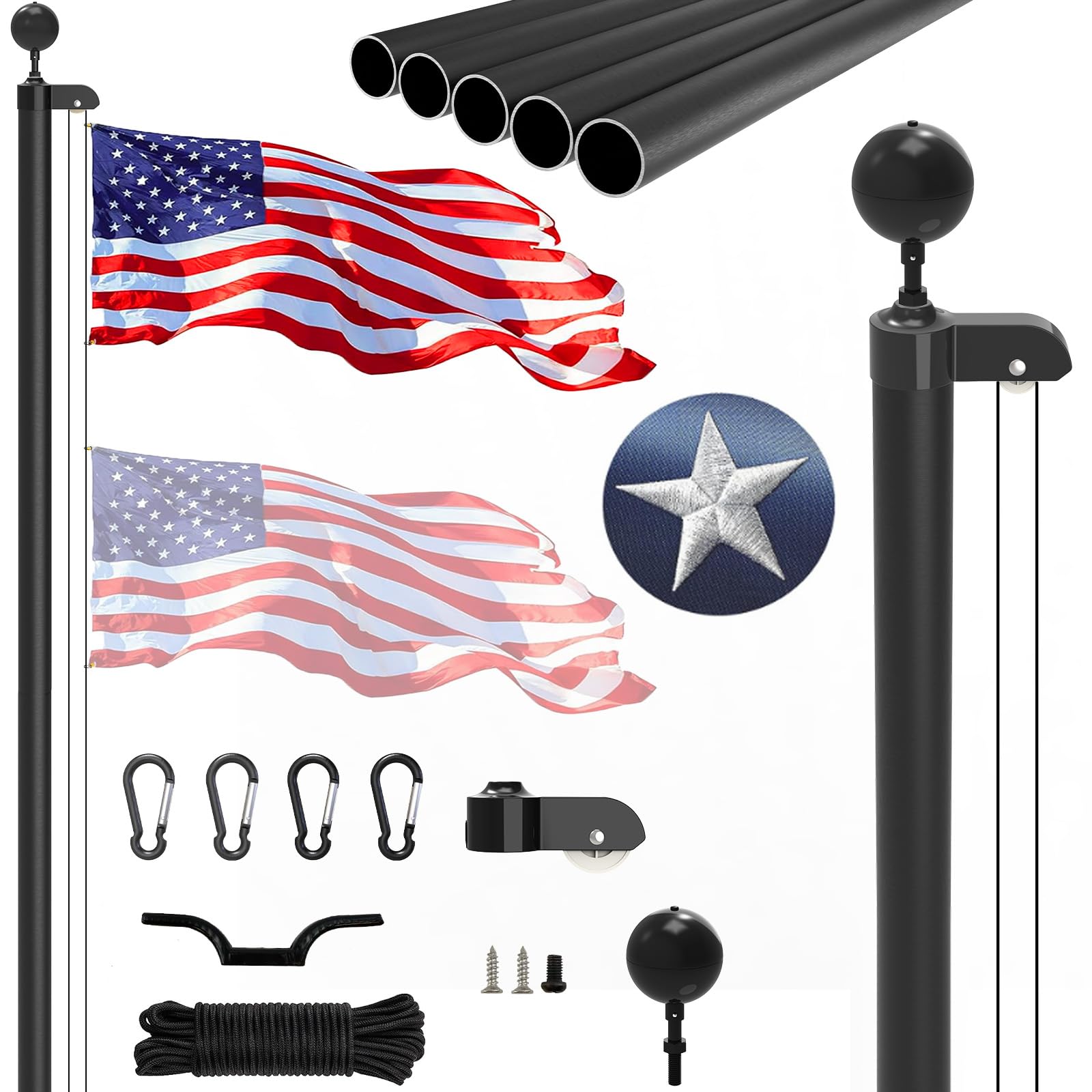 20FT Sectional Flag Pole Kit, Extra Thick Heavy Duty Aluminum Flagpoles for Outside House Inground with 3'*5' American Flag and Black Ball Topper for Residential or Commercial Use, Black
