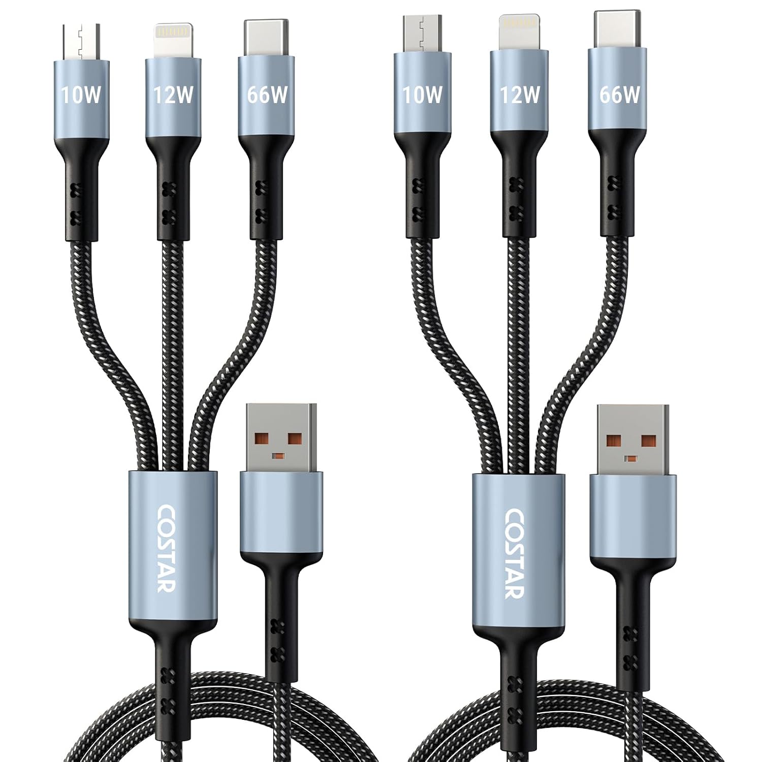 COSTAR 2 Pack 60W 3-in-1 Multi Fast Charging Cable – 3A Nylon Braided 1.5M Cable with Type-C & Micro USB for iPhone, iPad, Samsung, OnePlus, Xiaomi, Oppo, Vivo, Android & Car Charging