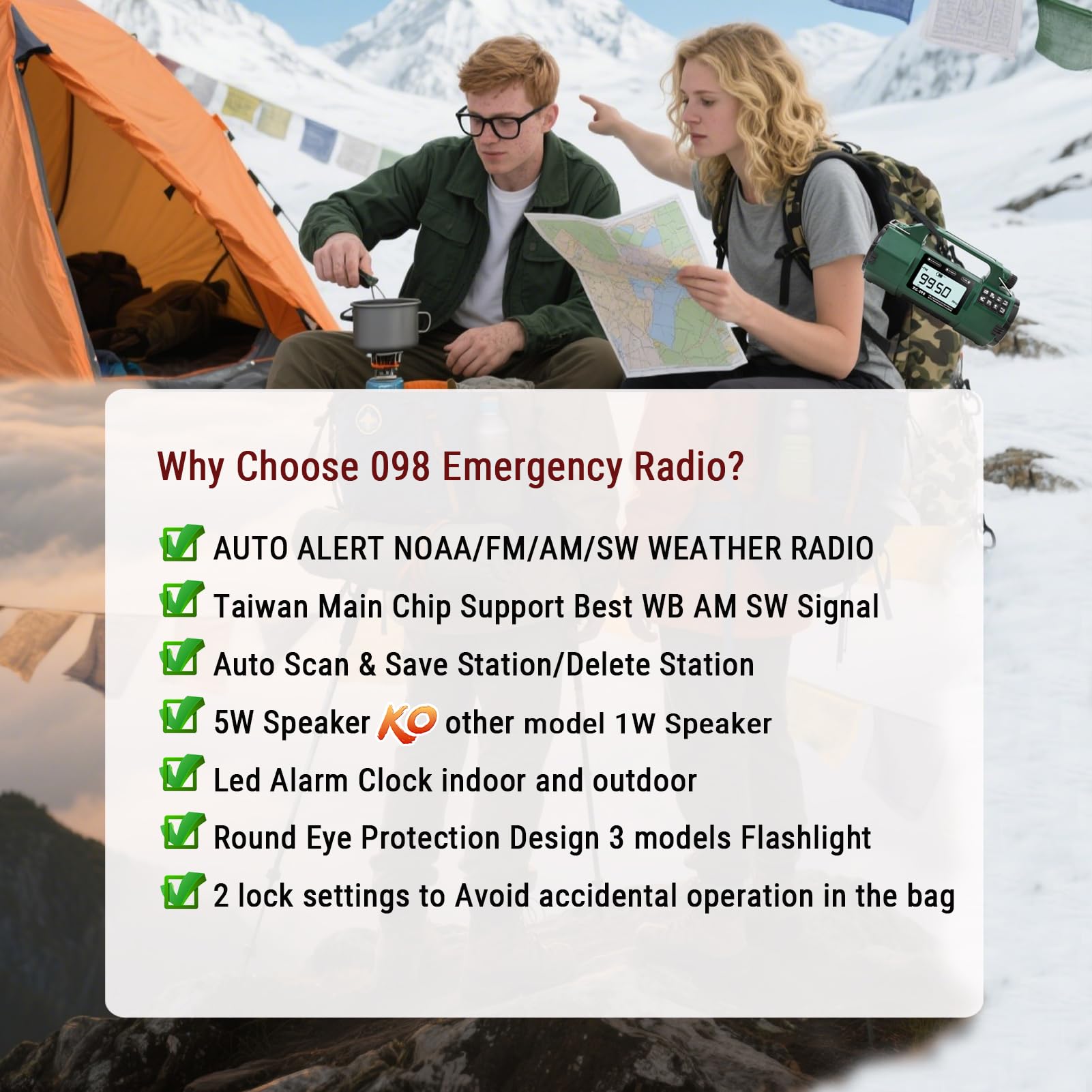 Radio météo d'urgence, batterie remplaçable 5000 mAh, radio solaire à manivelle avec alerte AM/FM/SW/NOAA, réveil, minuteur, boussole, chargeur de téléphone portable, prise casque, lampe de poche et