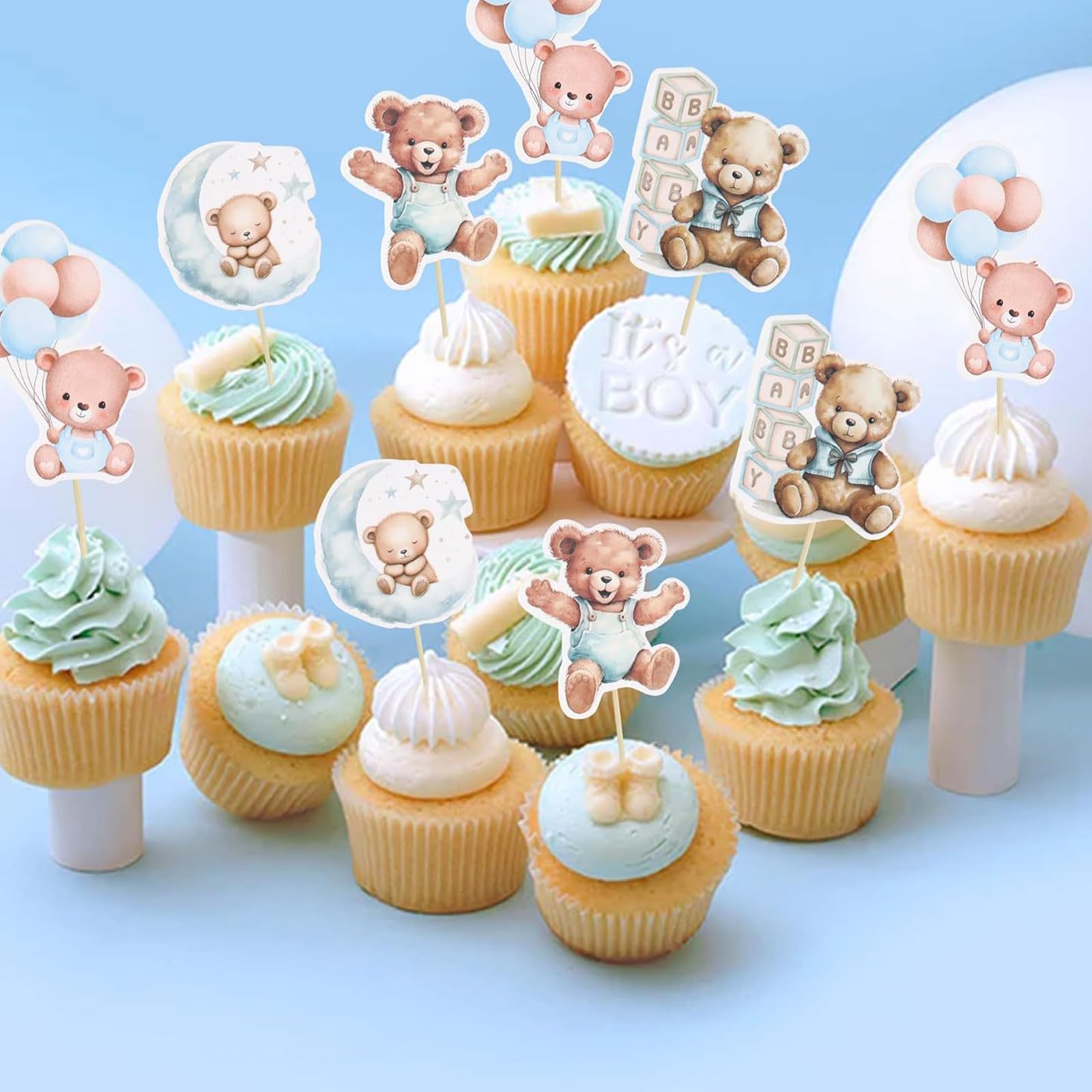 24PCS Baby Shower Bear Cupcake Toppers,Baby Shower Cupcake Picks Cake Decorations,Bear Balloon Cupcakes Picks,Blue Pink Babies Gender Reveal Party Decorations - Image 3