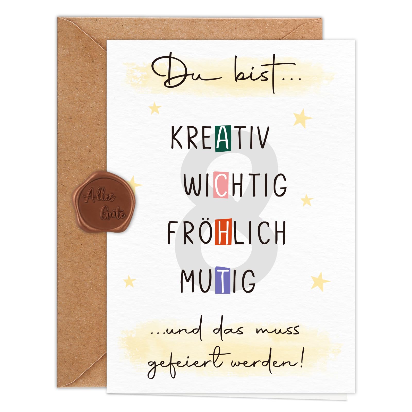 Giftota Geburtstagskarte 8 Jahre Mädchen Jungen (A6 Klappkarte mit Umschlag & Wachssiegel), Schöne Geschenkkarte zum 8. Geburtstag mit besonderen Designs, Sweet 8 Grußkarten für Freunde, Kinder