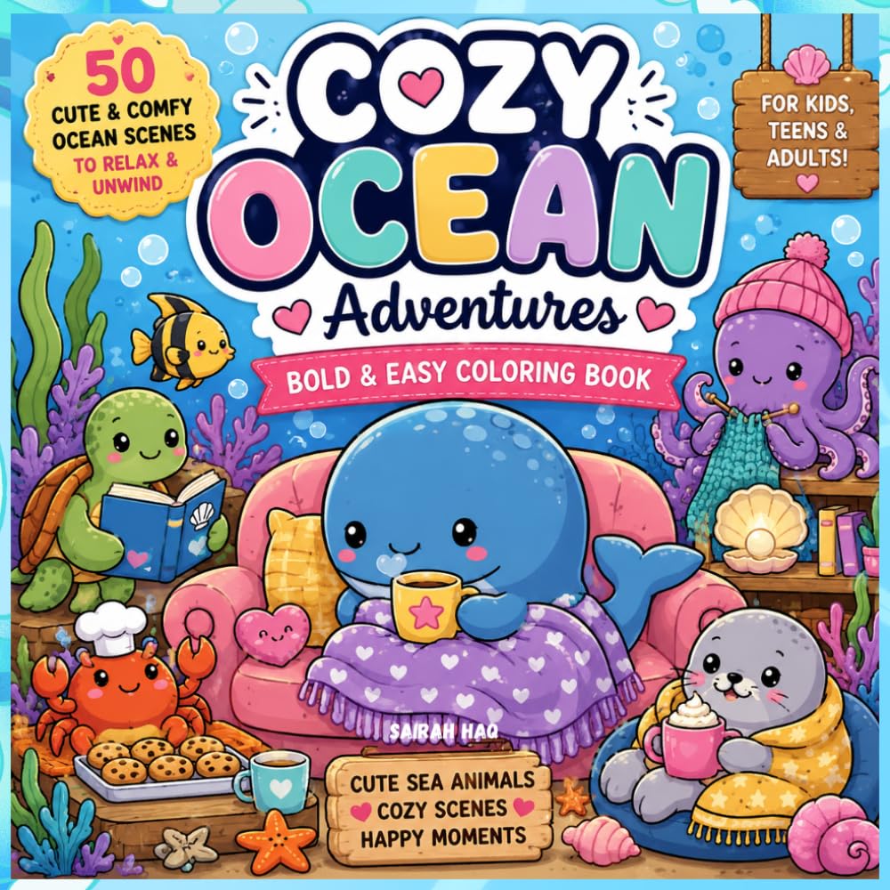 Cozy Ocean Adventures: Bold & Easy Coloring Book with Cute Sea Animals, Cozy Underwater Scenes, and Relaxing Ocean Fun for Kids, Teens & Adults