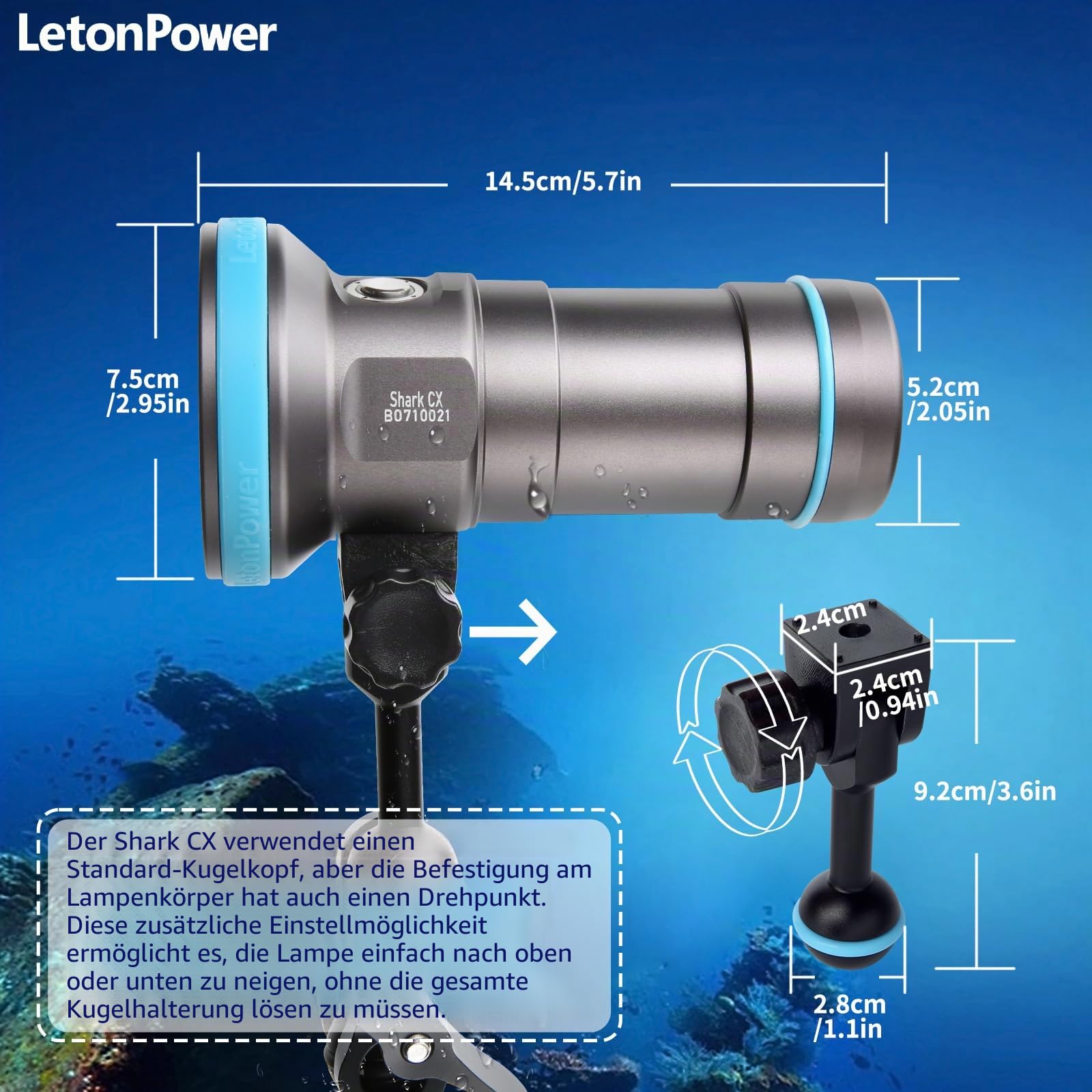 Shark CX tauchlampe Video 8000 Lumen - IP68 wasserdichte Videoleuchte (120m), CRI 98 mit 120°-Winkel, USB-C wiederaufladbar für Unterwasser videoleuchte
