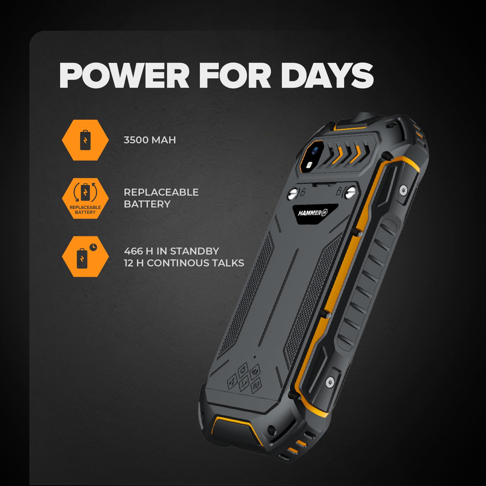 Hammer Boost 2 LTE móvil Robusto 4G IP68, teléfono de Obra con Teclas Grandes, Pantalla 2,4", Dual SIM, batería 3500 mAh de Larga duración, Negro-Naranja
