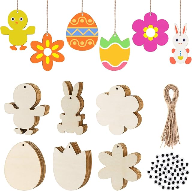 FEPITO 120Pcs Wood Easter Tags Unfinished Wooden Easter Ornaments Eggs Bunny Chick Tulip Cutouts Wooden Gift Tags with Strings for Kids DIY Easter Crafts Easter Decoration