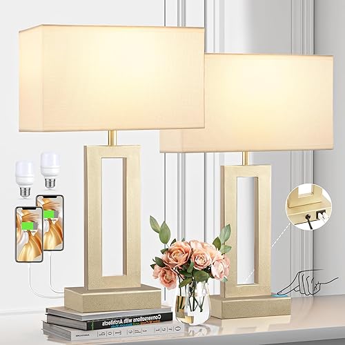 Bedroom Table Lamps Set of 2 - Touch Bedside Lamps with USB C+A, 3 Way Dimmable Gold Lamp for Nightstand, Modern Night Stands Lamps for Living Room