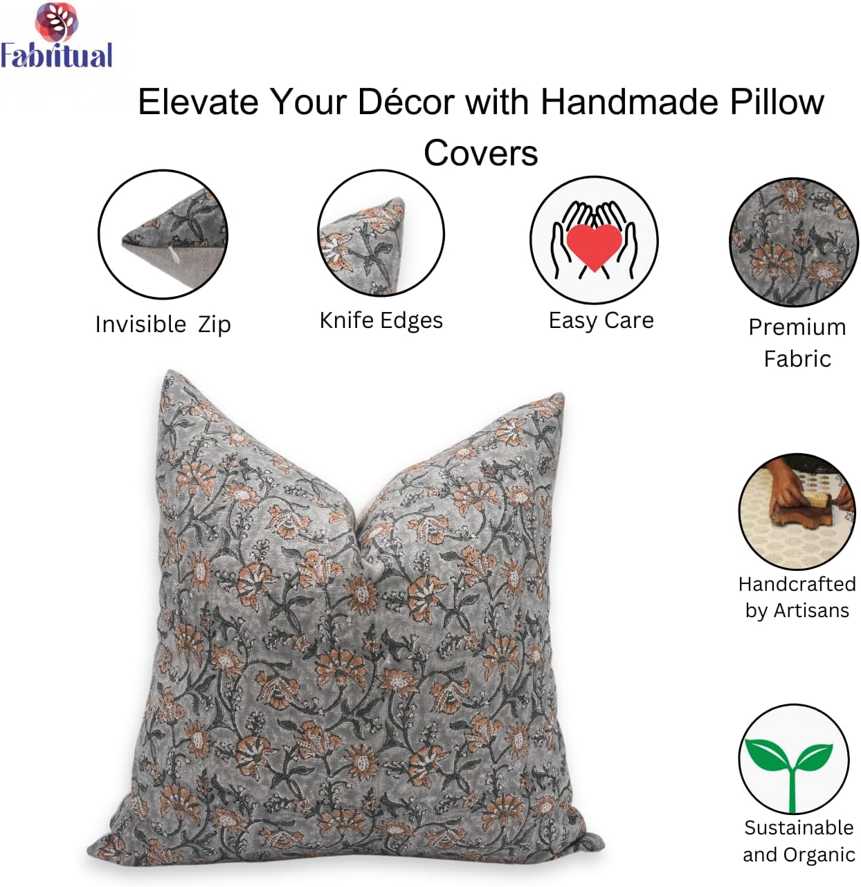 Handmade Block Print Thick Linen 14X14 Throw Vintage Pillowcase Cushion Cover with Zipper for Sofa, Couch and Bed, Fall, Summer Decoration, Outdoor, Boho Home Décor, Naayab, Grey