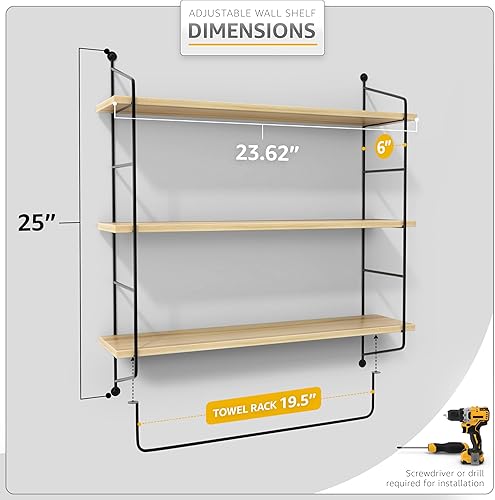 Miniatura 3 de Sorbus Estantes flotantes de baño de 3 niveles para pared, almacenamiento de pared de madera para toallas, armario de almacenamiento sobre el