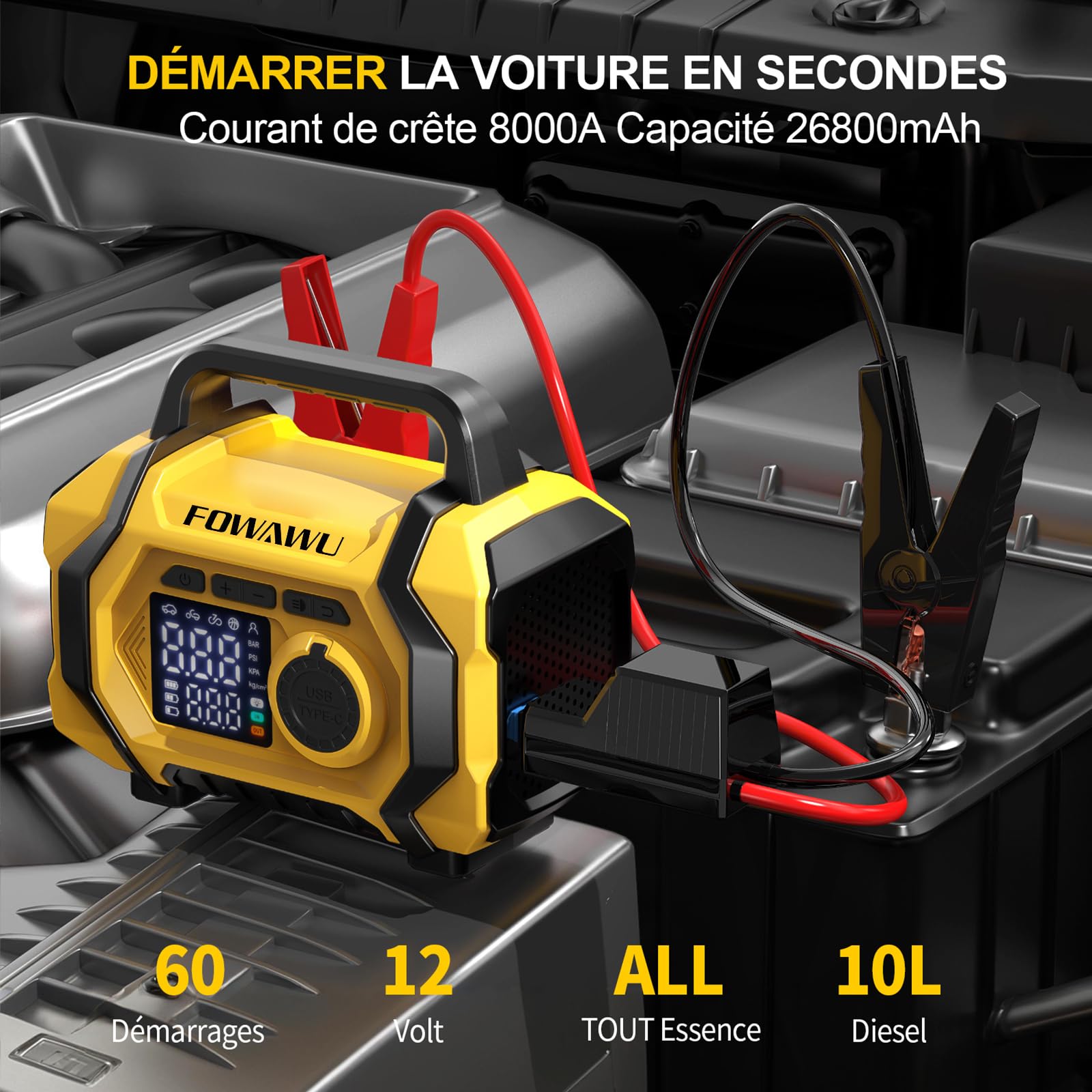 FOWAWU Booster Batterie Voiture avec Gonfleur 9-en-1, Démarreur de Batterie 8000A 26800mAh(Jusqu'à All d'essence / 10 L de Diesel), Gonfleur Pneus Voiture 150psi Arrêt Automatique