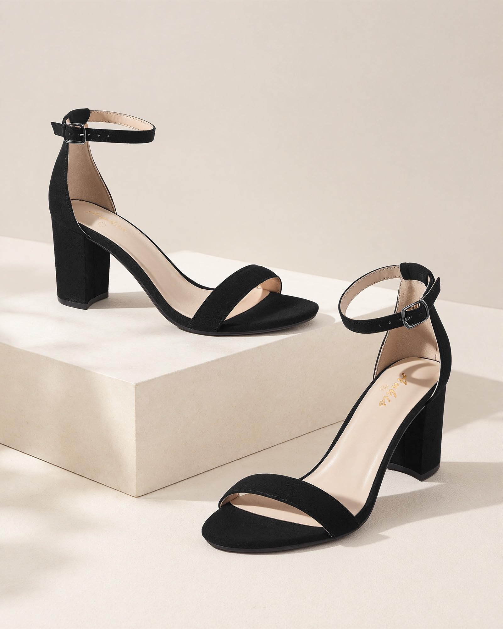 Ankis Tacones de punta cerrada para mujer, tacones negros nude, dorados y plateados, con puntera puntiaguda, de bloque bajo, gruesos para mujer, con correa de tobillo, Piel (Nude nubuck)