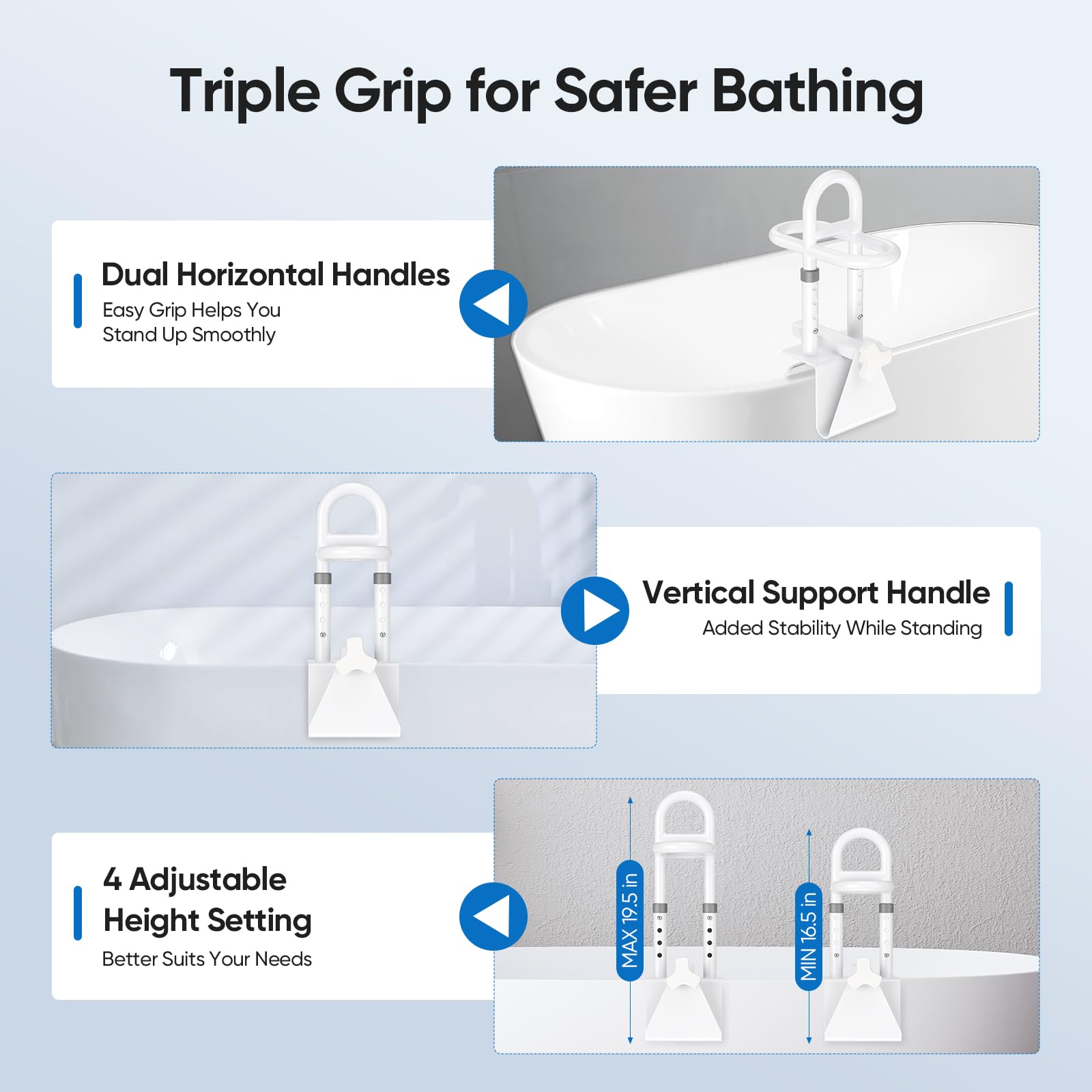Badewannen Einstiegshilfe für Senioren,Safety Rail Dreifach,Griff Einstellbar Einstiegshilfe Badewanne Verstellbar 7.5-16.5 cm,Badewannengriff ohne Bohren, für Senioren, Schwangere, Kinder