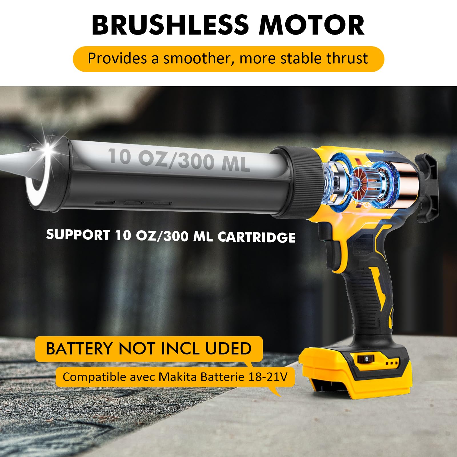Presse à cartouche sans fil compatible avec batterie Dewalt 20V | Pistolet à cartouche électrique à 6 vitesses, Lumière LED, Seringue silicone, Cartouches 300 ml, 9 accessoires, Sans Batterie