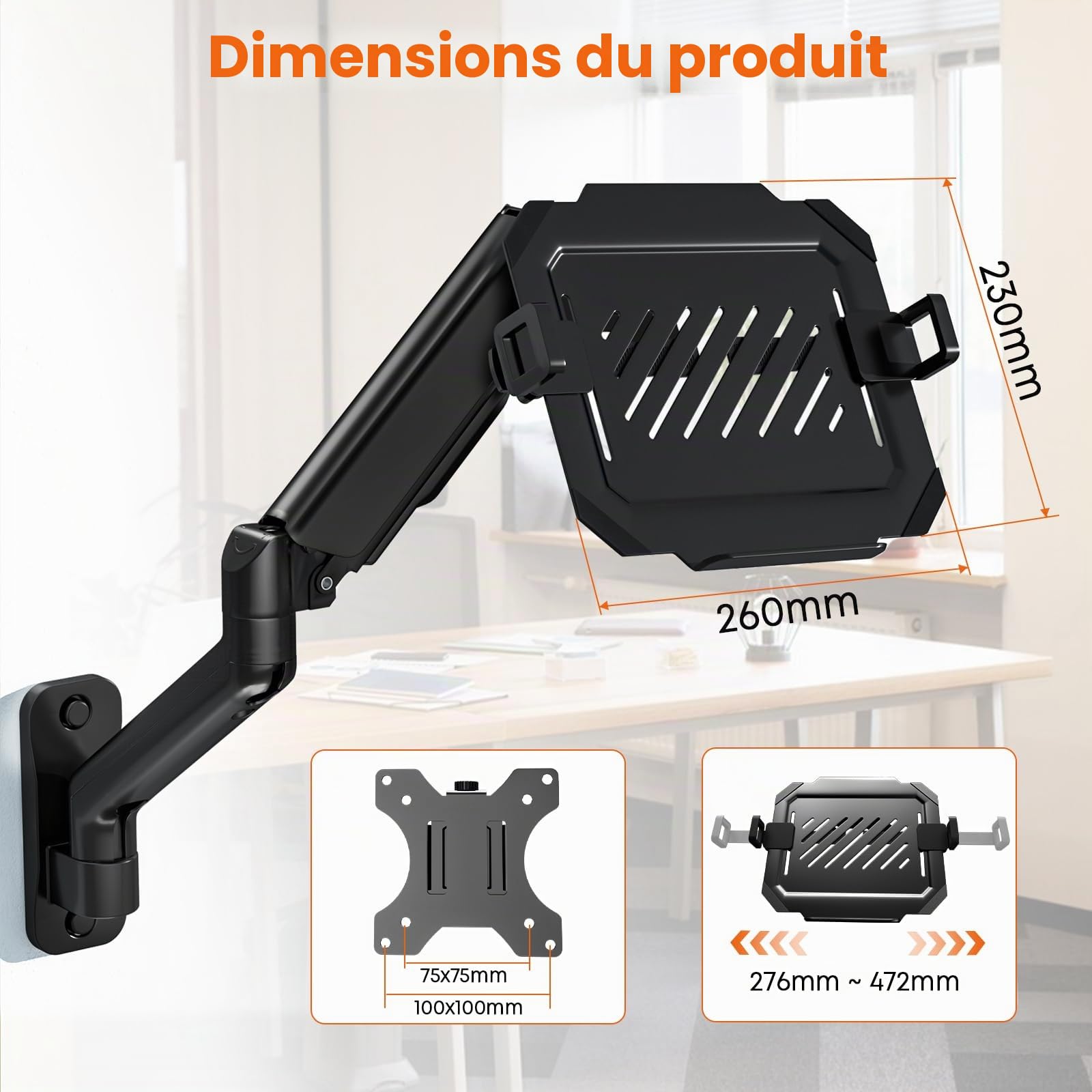 Support Mural avec Plateau Ventilé pour Ordinateur Portable 12"-17",Réglable en Hauteur Bras de Ecran PC,Plateforme de Refroidissement Ventilée,Gestion des Câbles,Capacité de Charge:9KG,VESA 75/100mm