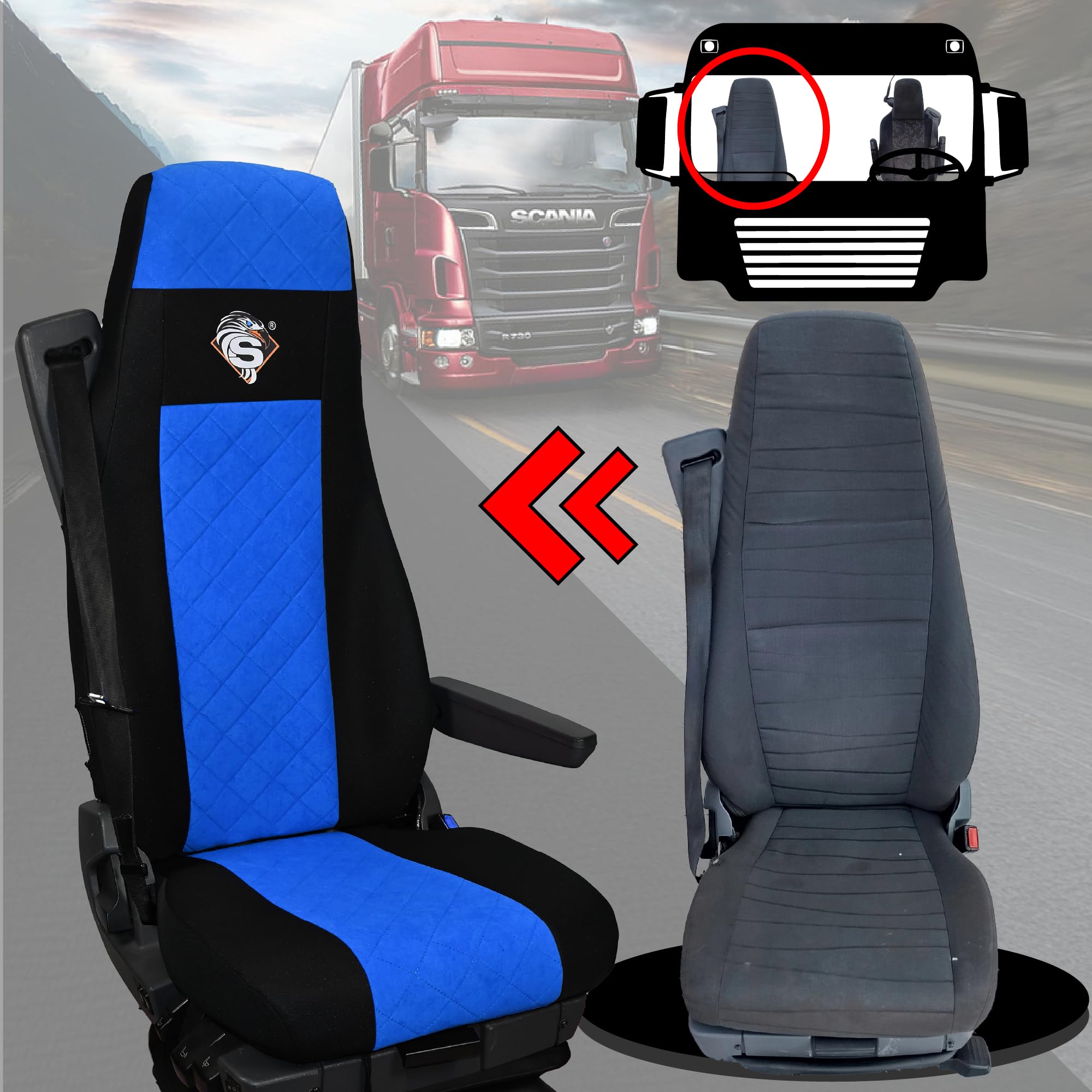 SABA Funda de Asiento para Scania Serie R Desde 2013, Serie S Desde 2017, Asientos Dobles, Asiento del Conductor Premium, Asiento del Pasajero BÁSICO - CONFIGURACIÓN E Azul