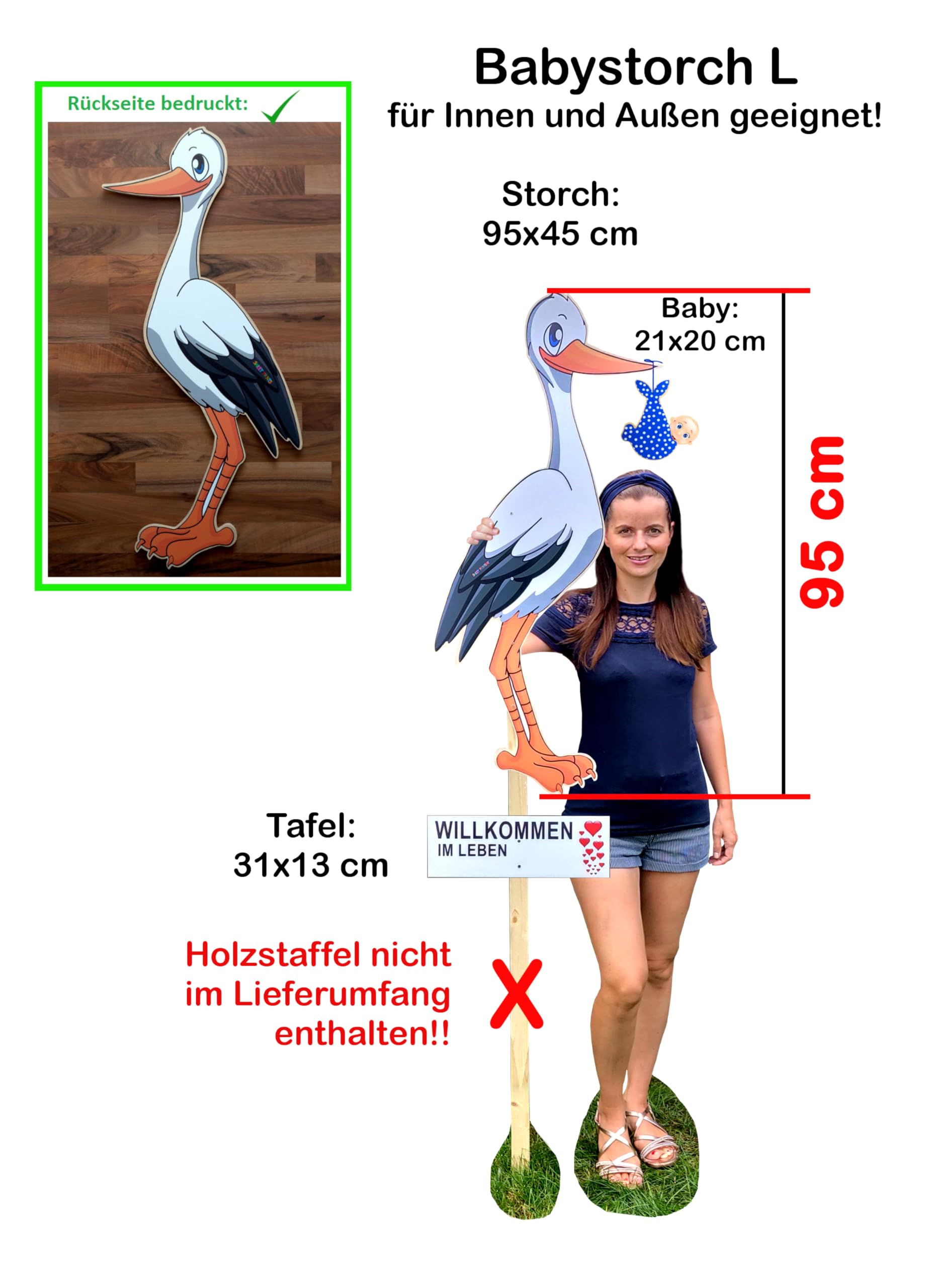 SET - 95 cm Babystorch aus HOLZ & Baby JUNGE & Beschriftungstafel für draußen Geburt Storch-Holz Klapperstorch Holzstorch BLAU (Druck: ZWEISEITIG*)