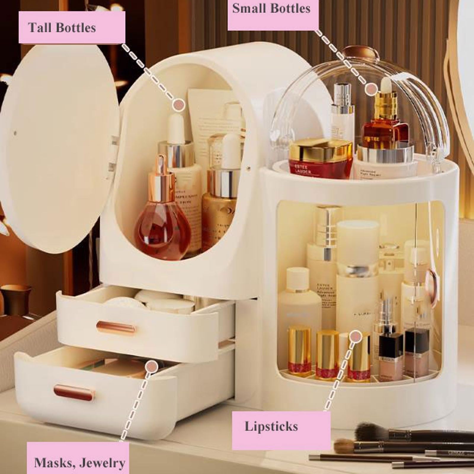 Scatola portaoggetti per Cosmetici, Organizer Girevole per Trucco, Organizer Girevole per la Cura della Pelle con Specchio e 2 cassetti, espositore per Cosmetici con Vassoio per profumi e Porta Rosse