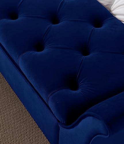 Miniatura 7 de Banco de almacenamiento de terciopelo para dormitorio otomano, banco de cama tapizado con botones para dormitorios, tamaño King con brazos