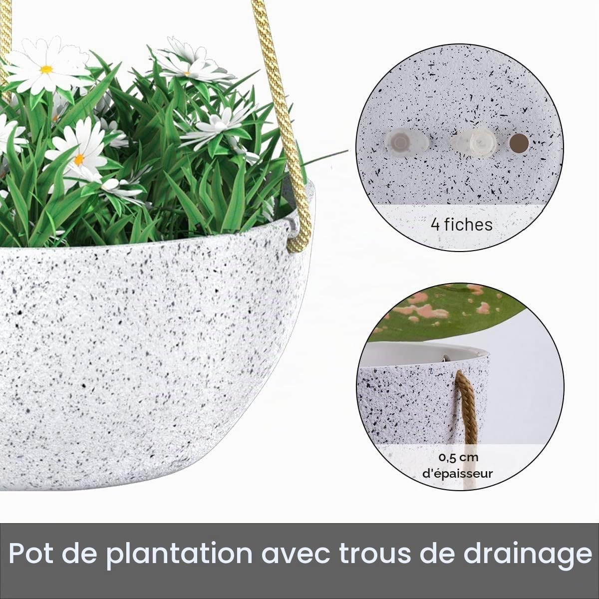 LATERN 2 Pièces Pots De Fleurs Suspendus, 25cm Blanc Moucheté Pots De Fleurs Suspendus Avec Trous De Drainage Et Bouchons, Jardinières Suspendues pour Boho Home Garden Decor
