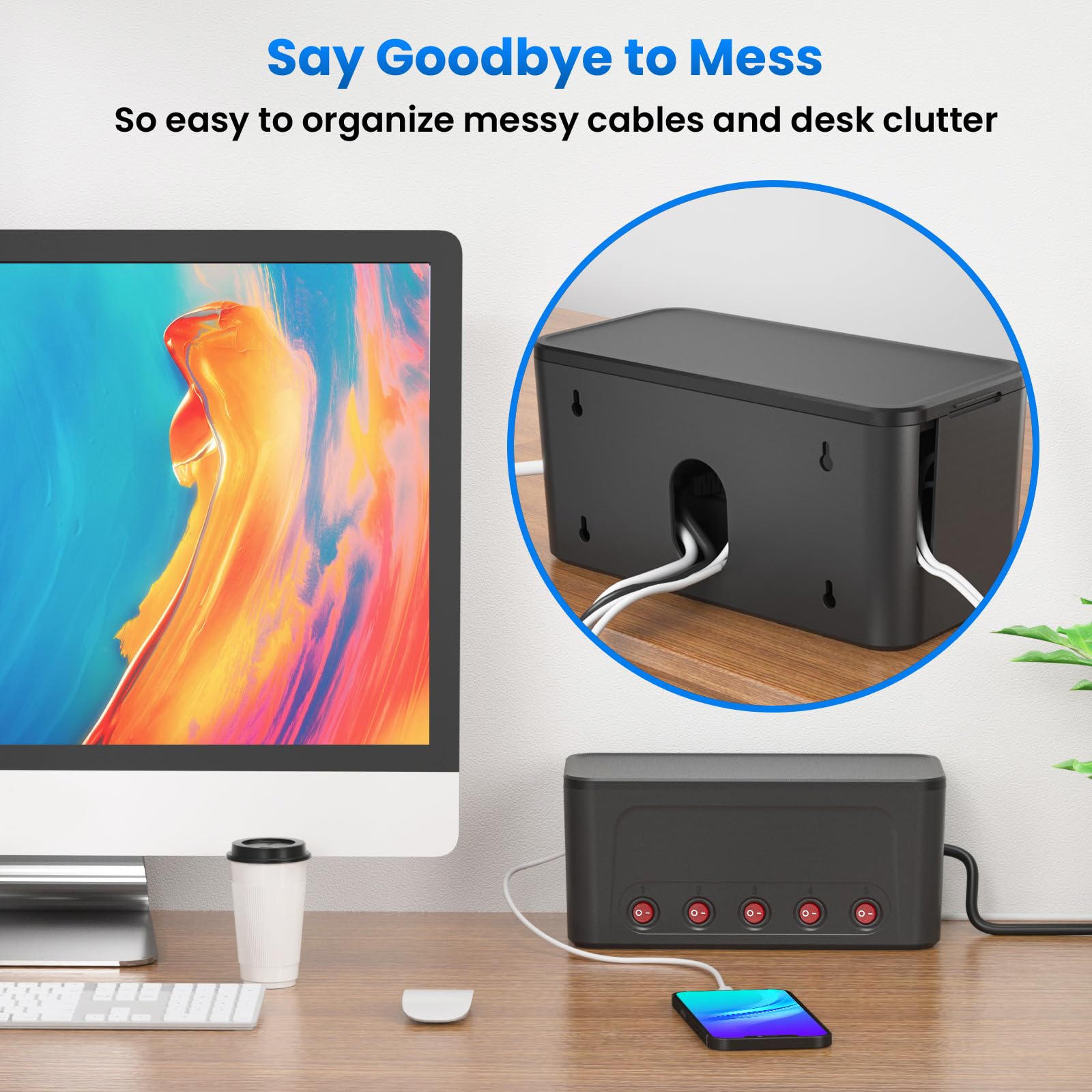 Regleta Enchufes con Caja Organizadora Cables,Grande Caja Oculta Cables