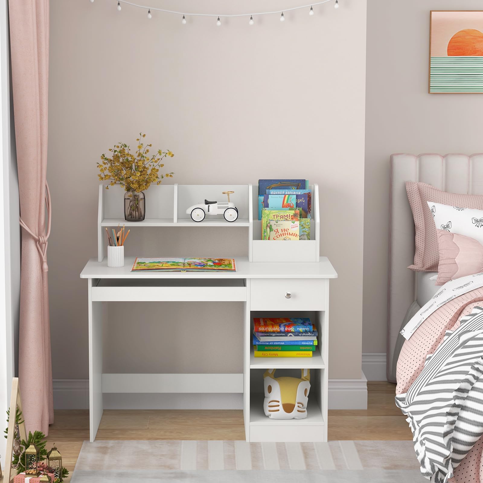 RELAX4LIFE Scrivania per Bambini in Legno 90x45x90CM, con Libreria e Cassetto e 2 Ripiani e Ripiano per Tastiera, Scrivania per Bambini con Dispositivo Antiribaltamento, Carico 100KG (Bianco)