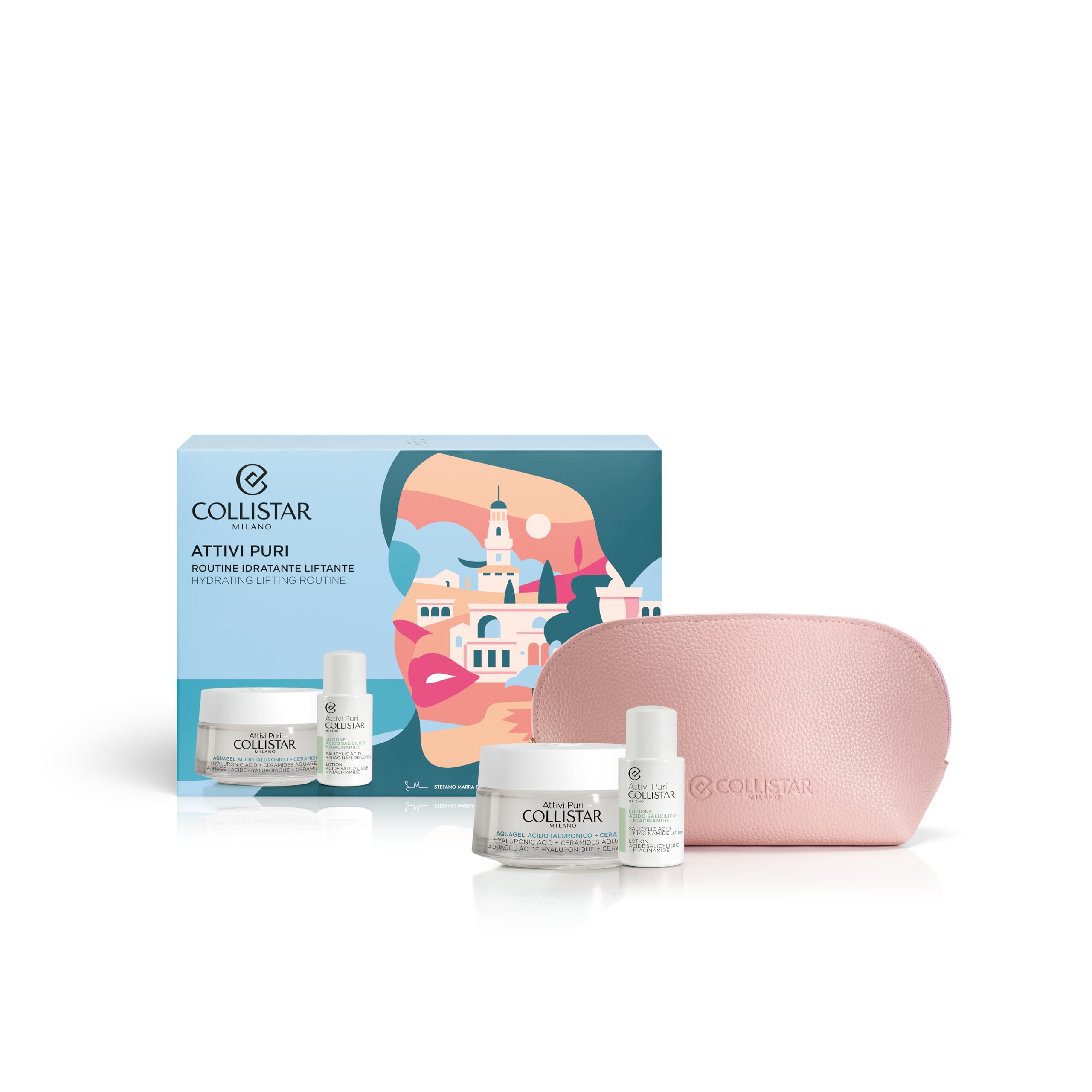 Collistar Attivi Puri Cofanetto Donna, Kit Viso Regalo con Pochette e Trattamento Viso Idratante e Liftante con Acido Ialuronico e Peptidi, Kit Viso Completo per una Pelle Luminosa, 50+15 ml