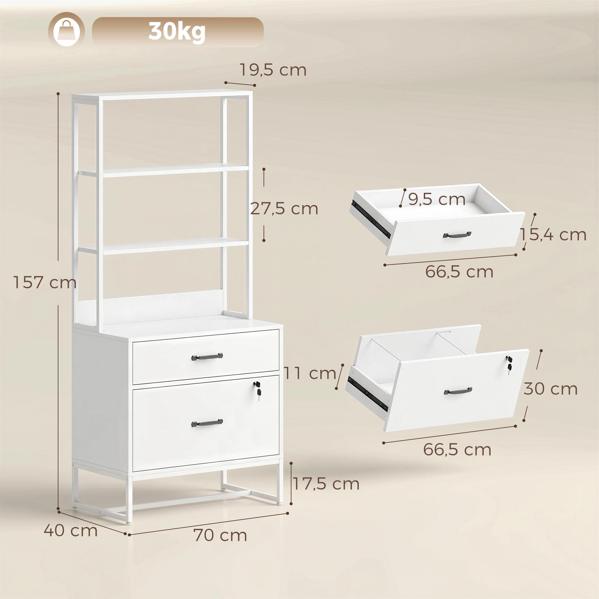 HOMCOM Cajonera Escritorio con Estantería, Mueble Archivador con 2 Cajones, Encimera para Impresora, Cerradura, para A4 Letter Legal, para Oficina, Estudio, Blanco
