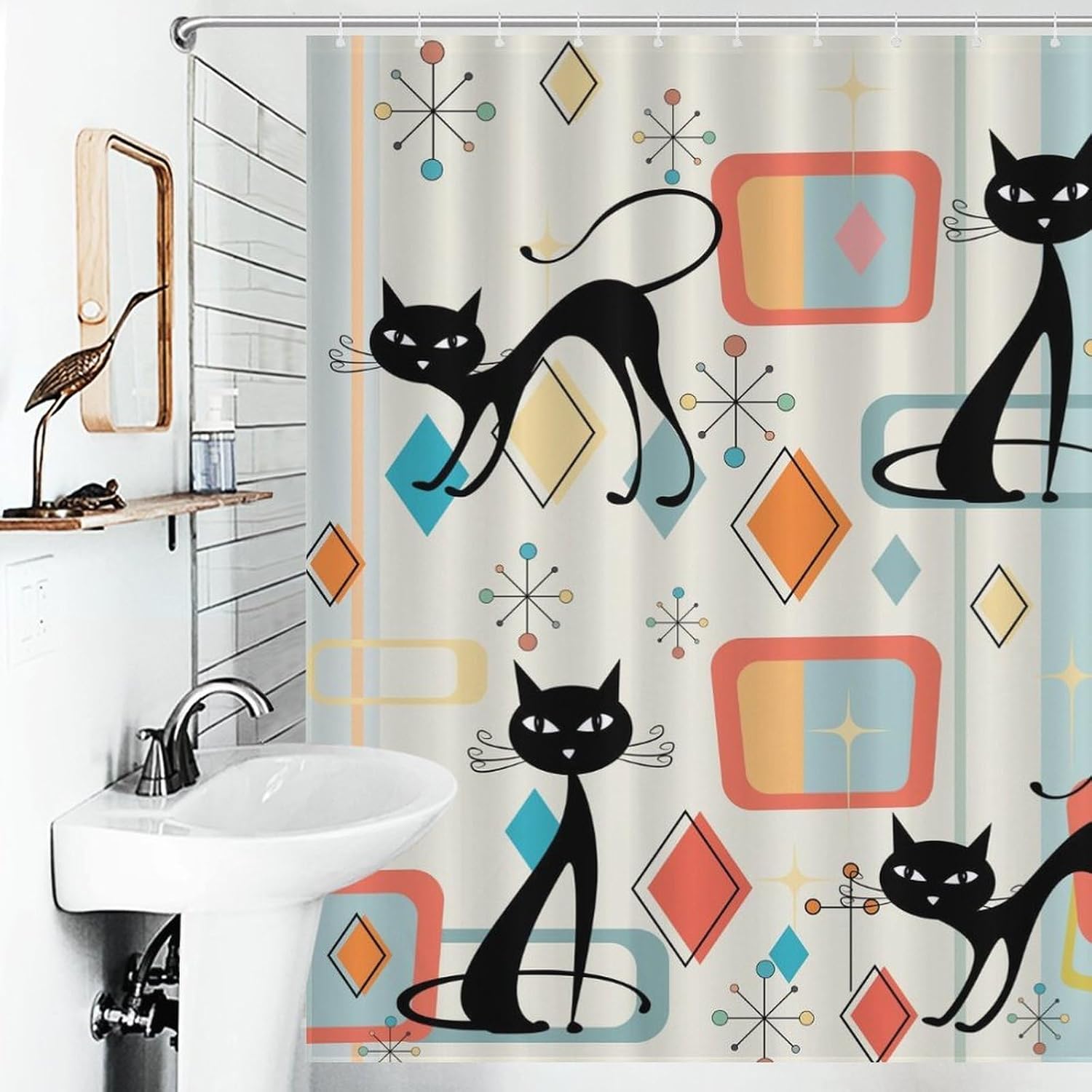 Mid Century Cat Shower Curtain, Modern Abstract Atomic Geometric Print Lovely Black Kittey Retro 1950s 1960s Pastel Waterproof Fabric Bathroom Shower Curtain Set with Hooks, 72"x72" Inch image 3