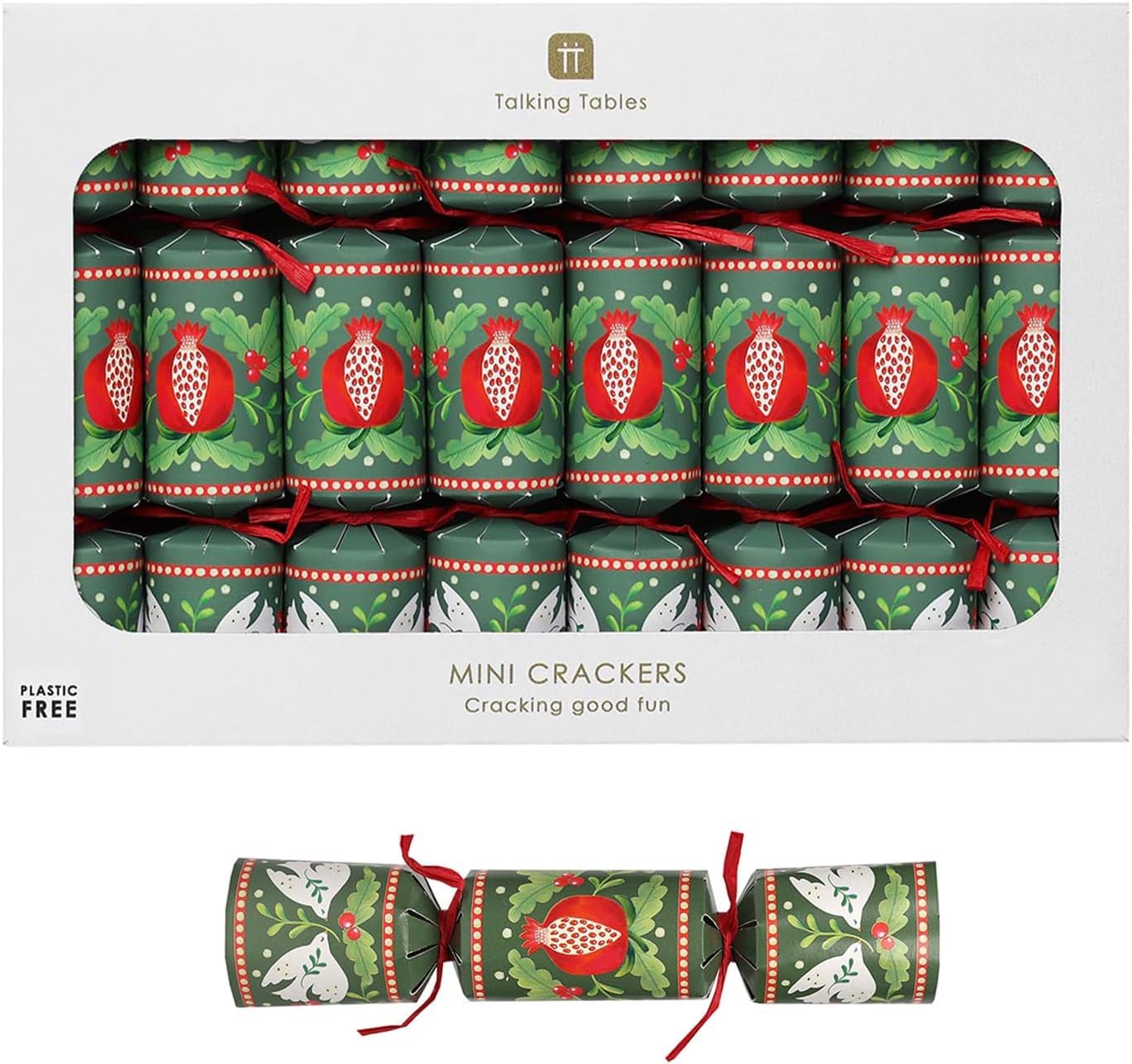 Talking Tables 8 x Mini Christmas Crackers with Games, Jokes and Party Hats, Folklore Green Design Eco-Friendly Xmas Tableware, Recyclable
