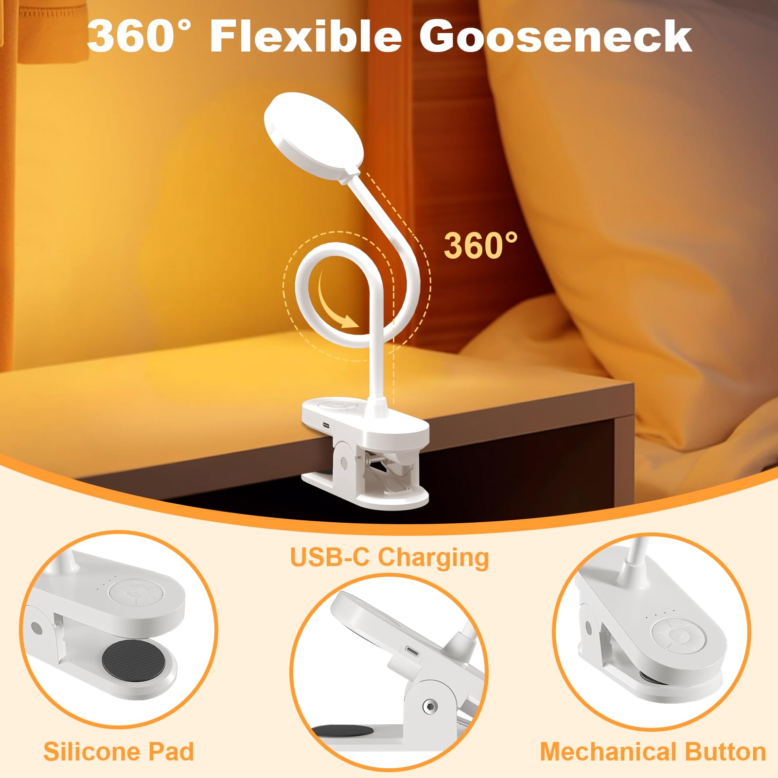 ZAPLIT 61 LED Lampada da Lettura a Clip Ricaricabile USB-C – 3 Temperature Colore & 10 Luminosità, 2000mAh, Collo Flessibile 40cm, per Camera da Letto, Scrivania e Campeggio