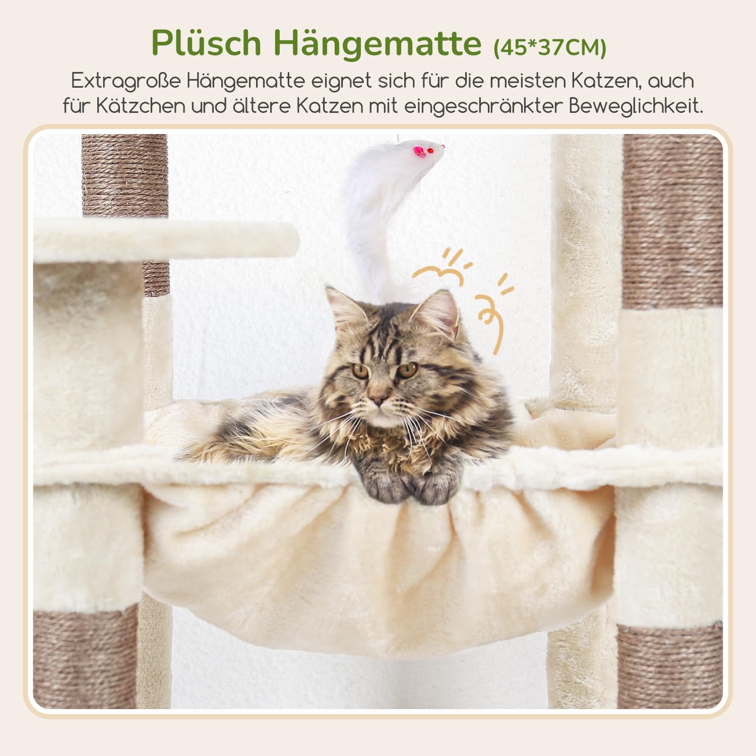 Globlazer Kratzbaum Beige mit Extragroße Hängematte 45 * 40cm, Große Katzenhaus, Gepolsterte Plattform, Leicht Aufzubauender Katzenbaum Innenbereich für Katzen Ausruhen Spielen kratzen F53