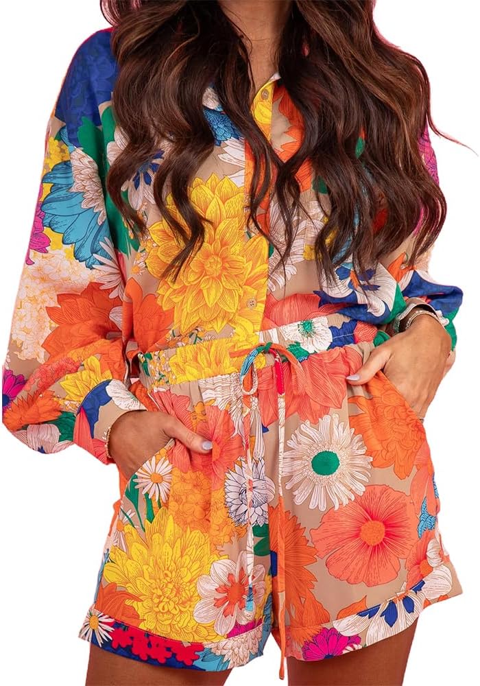 Molilove Women's Summer 2 Piece Outfits Print Button Down Shirt Shorts Pockets Long Sleeve Beach Vacation Going Out Outfits